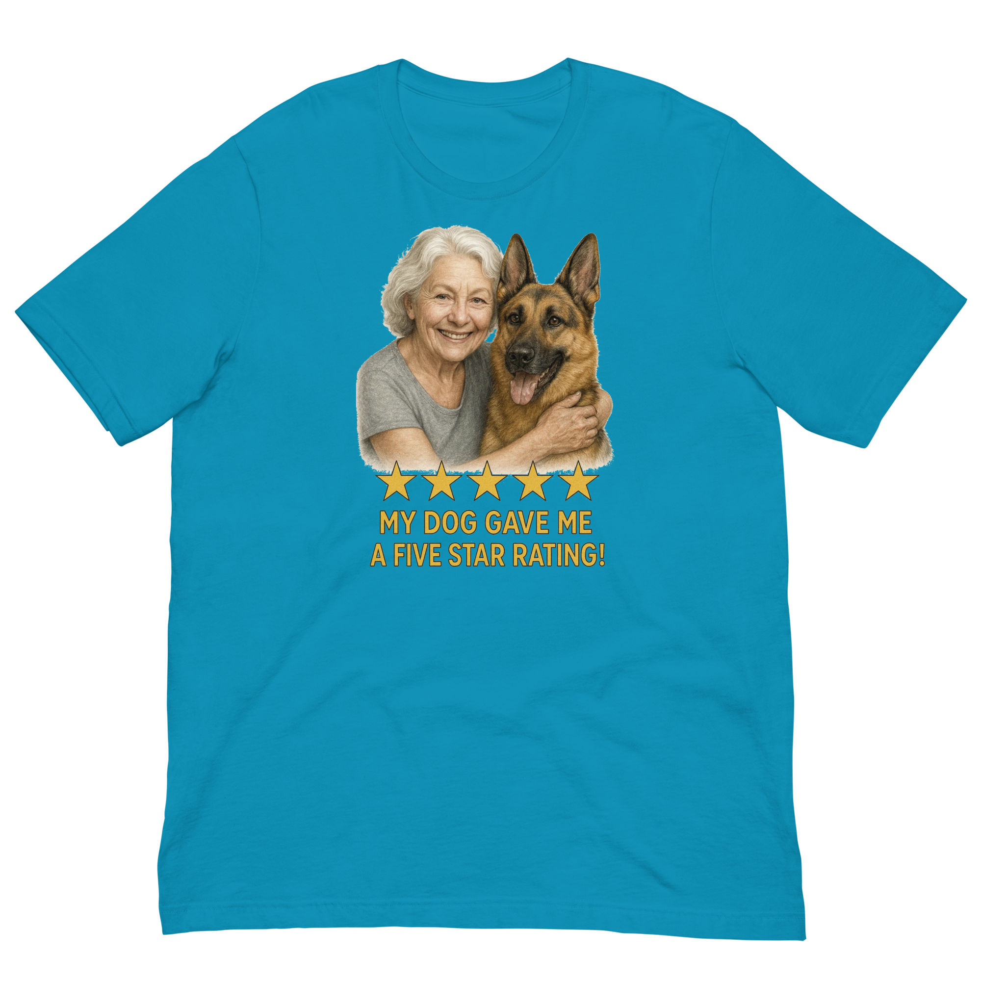 White Hair Woman with German Shepherd graphic tee.