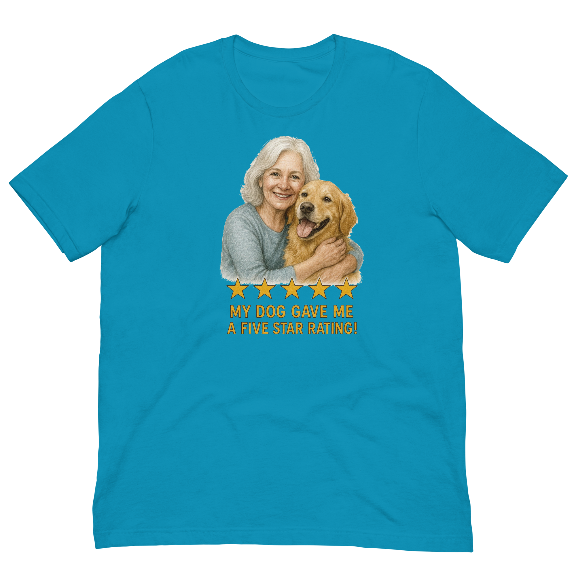 White Hair Woman with Golden Retriever graphic tee.