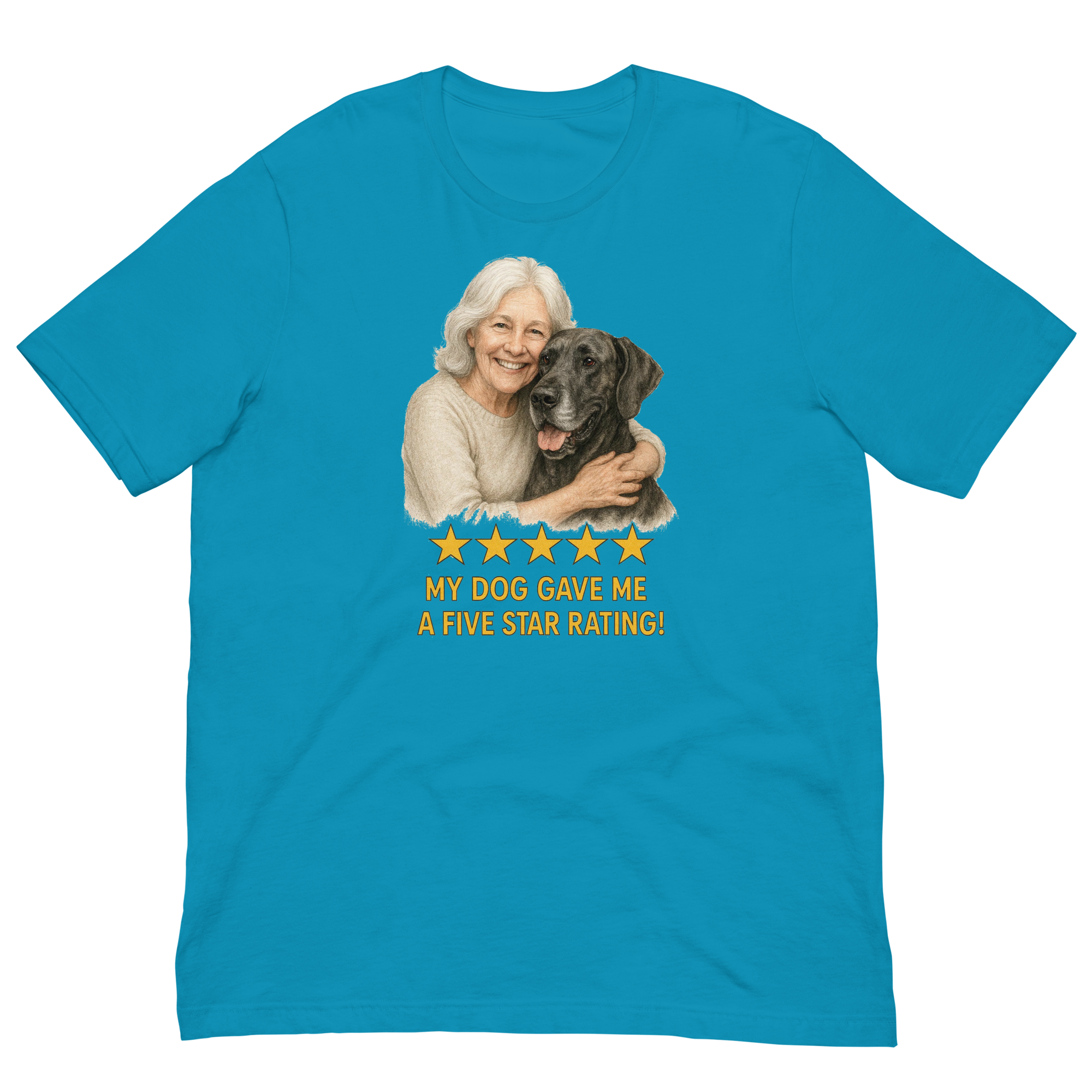 White Hair Woman with Great Dane graphic tee.