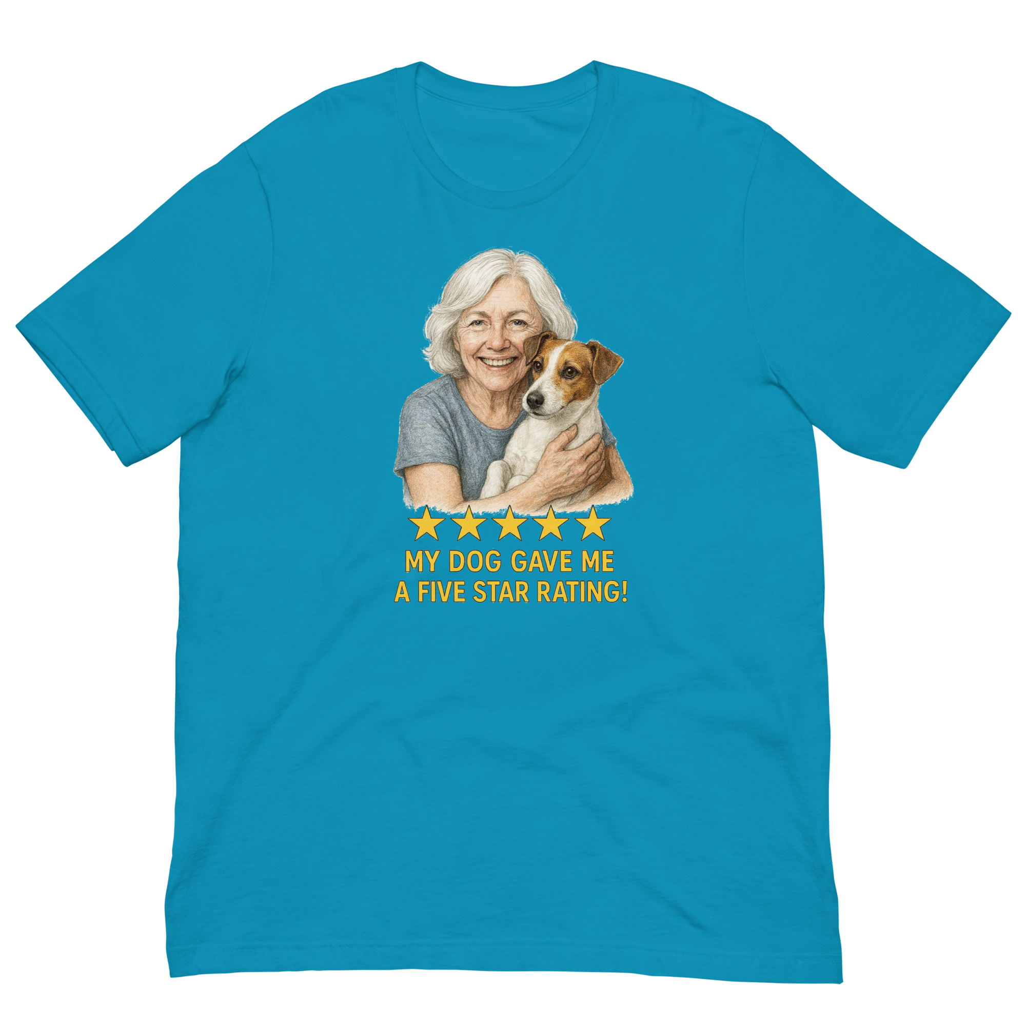 White Hair Woman with Jack Russell Terrier graphic tee.