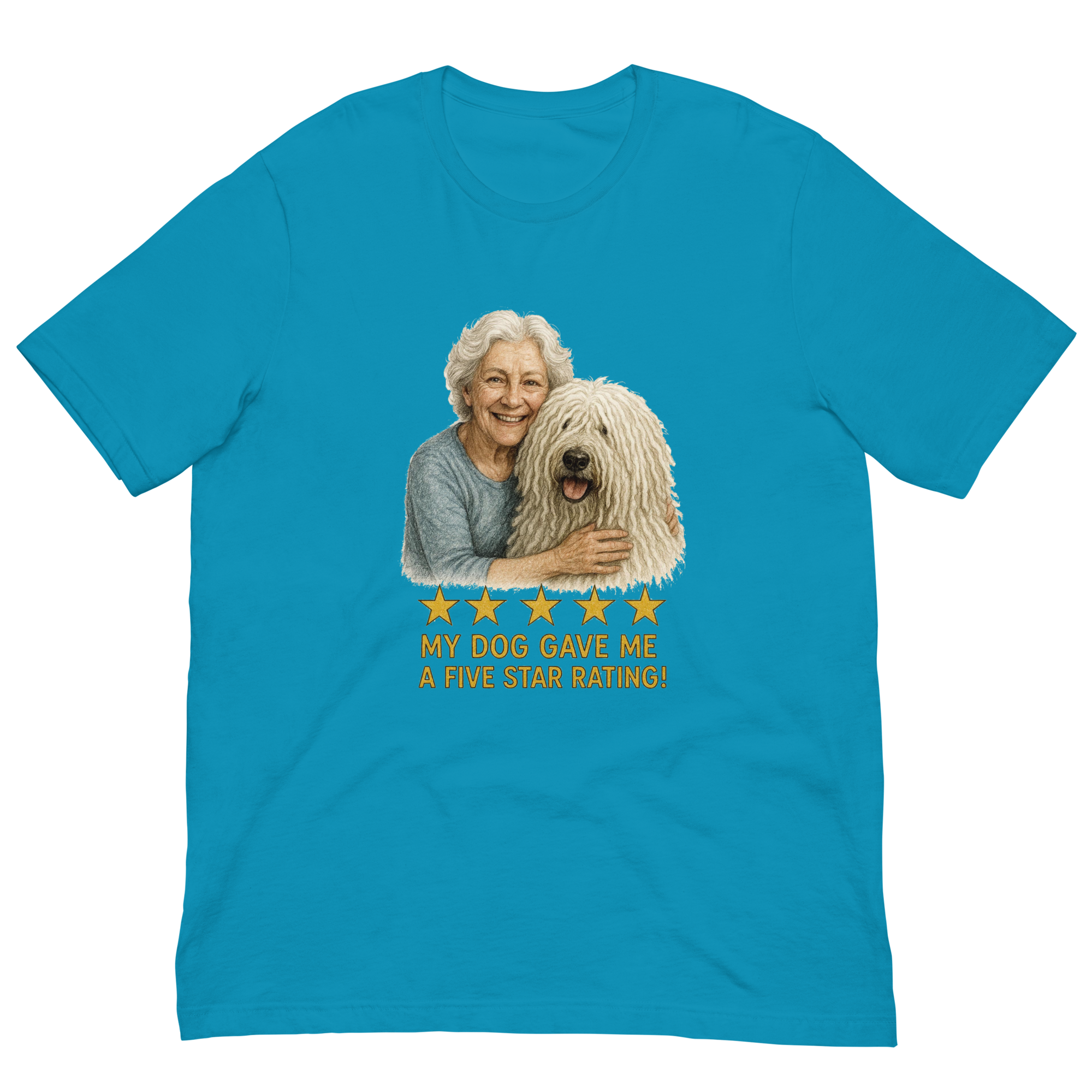 White Hair Woman with Komondor graphic tee.