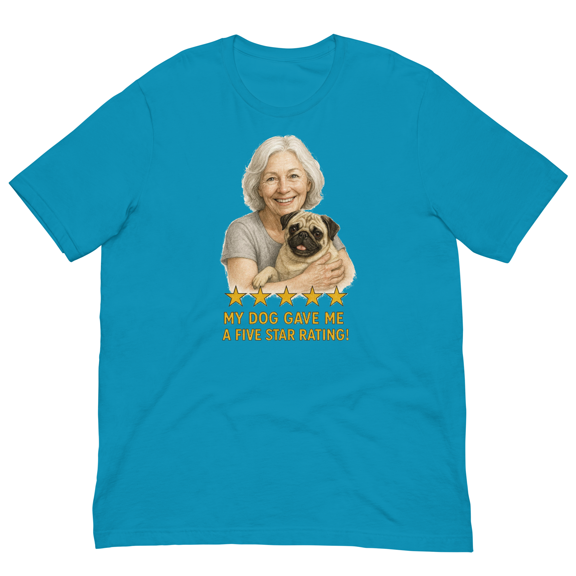 White Hair Woman with Pug graphic tee.