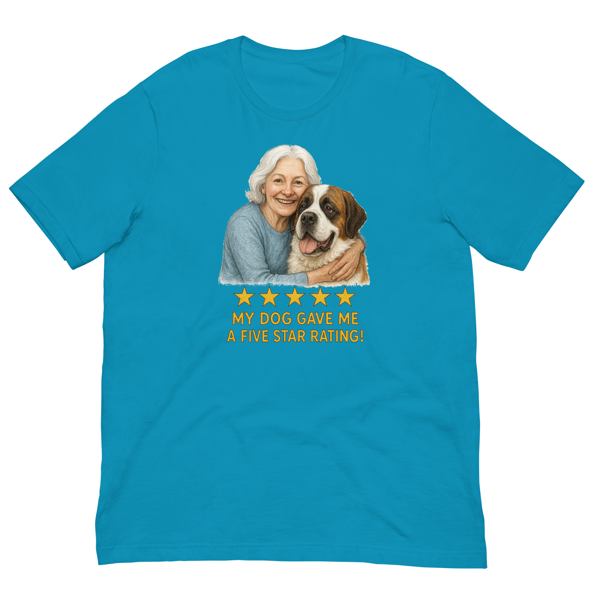 White Hair Woman with Saint Bernard graphic tee.