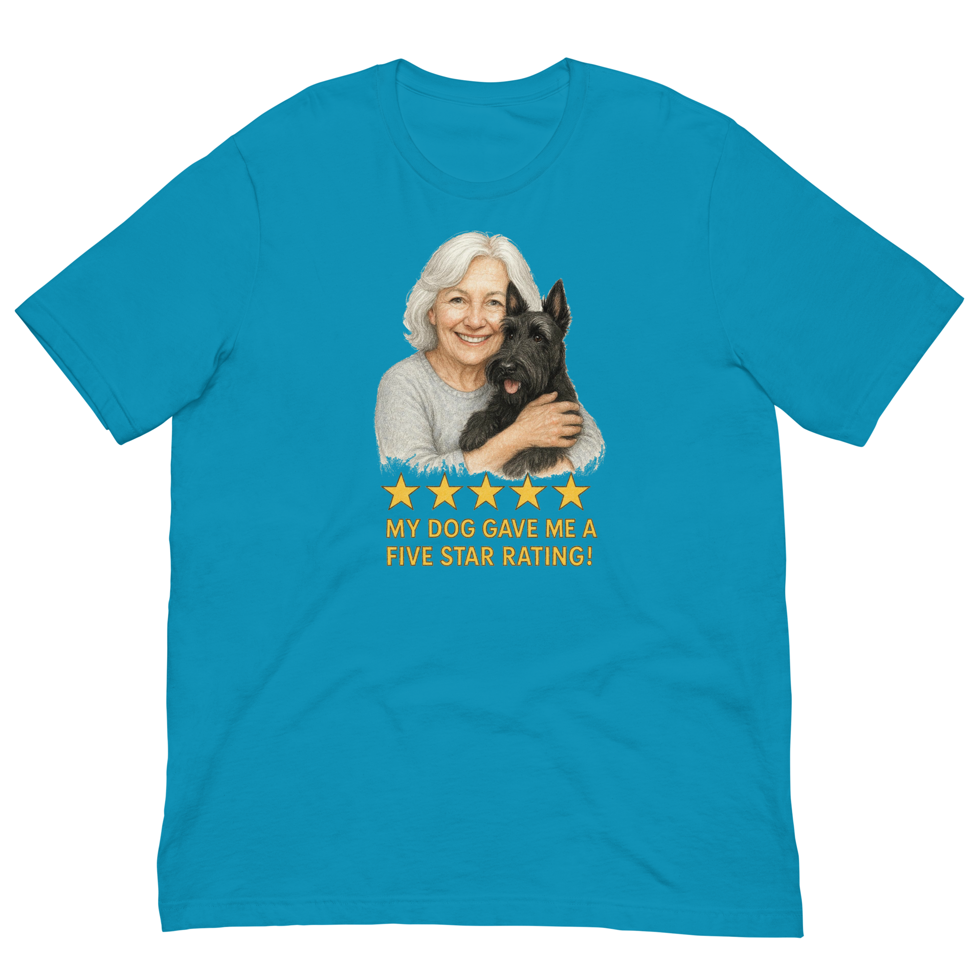 White Hair Woman with Scottie graphic tee.