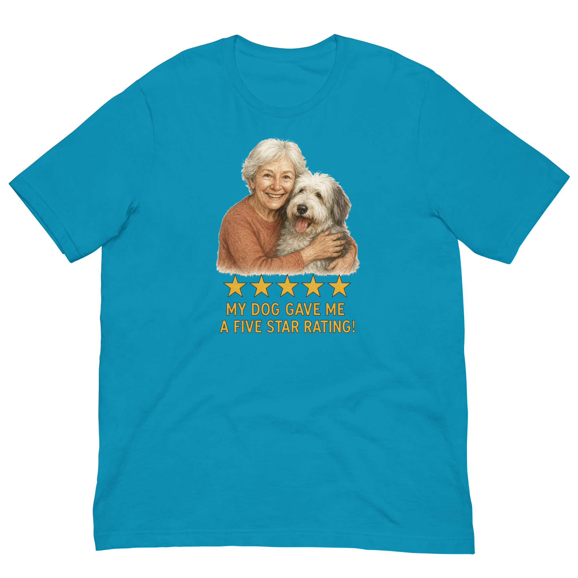 White Hair Woman with Sheepdog graphic tee.
