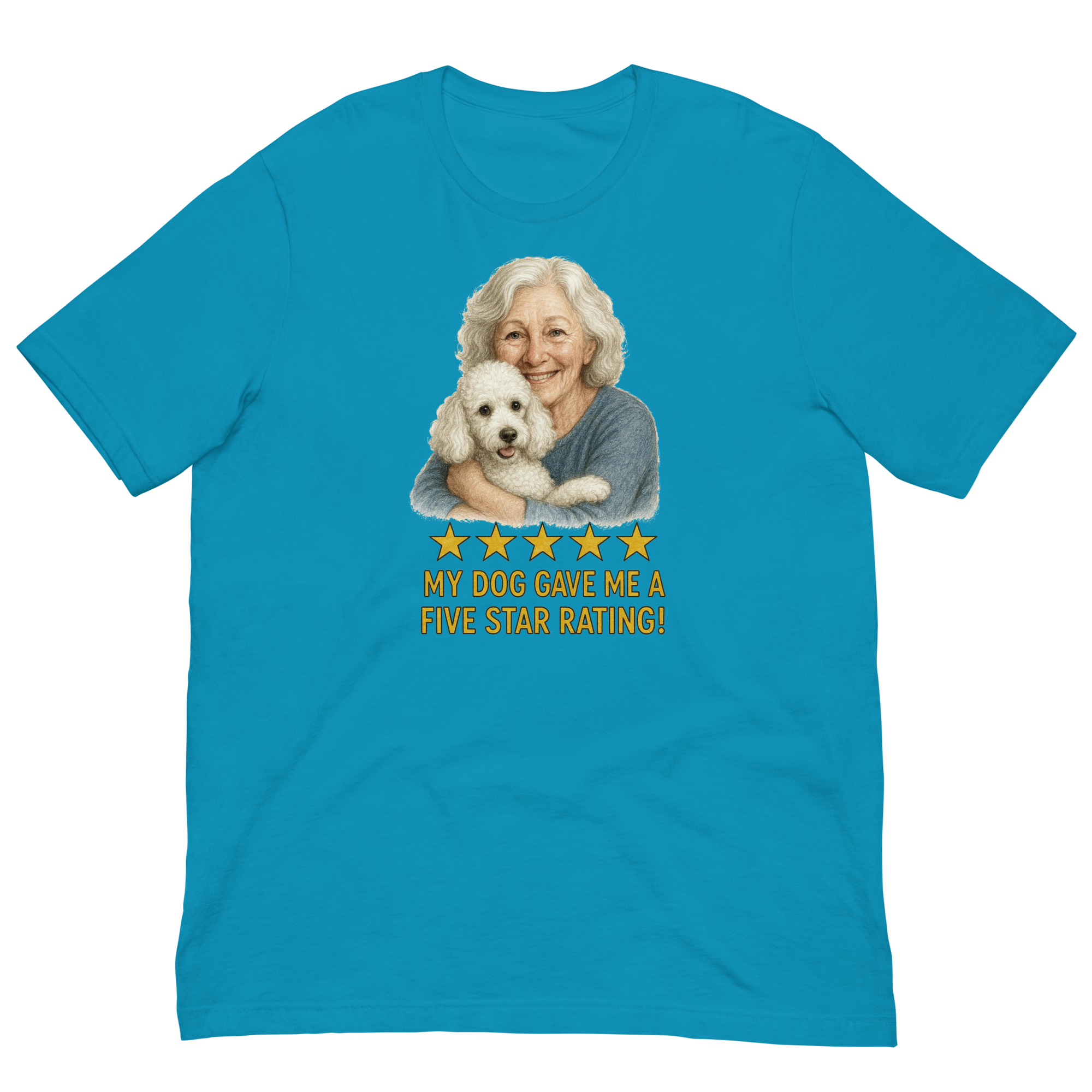 White Hair Woman with White Poodle graphic tee.