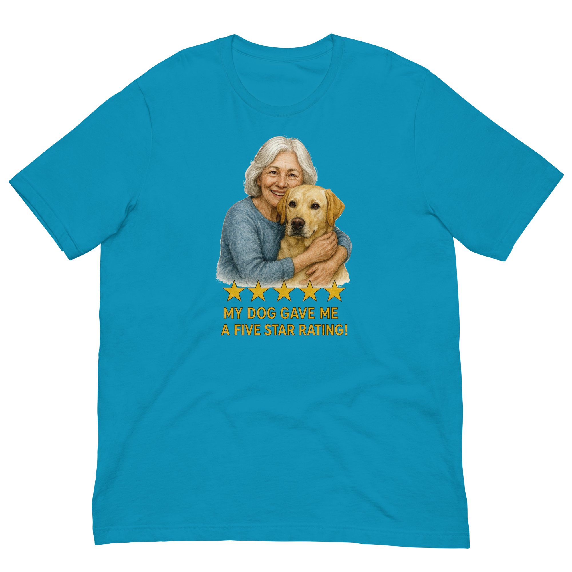 White Hair Woman with Yellow Labrador graphic tee.