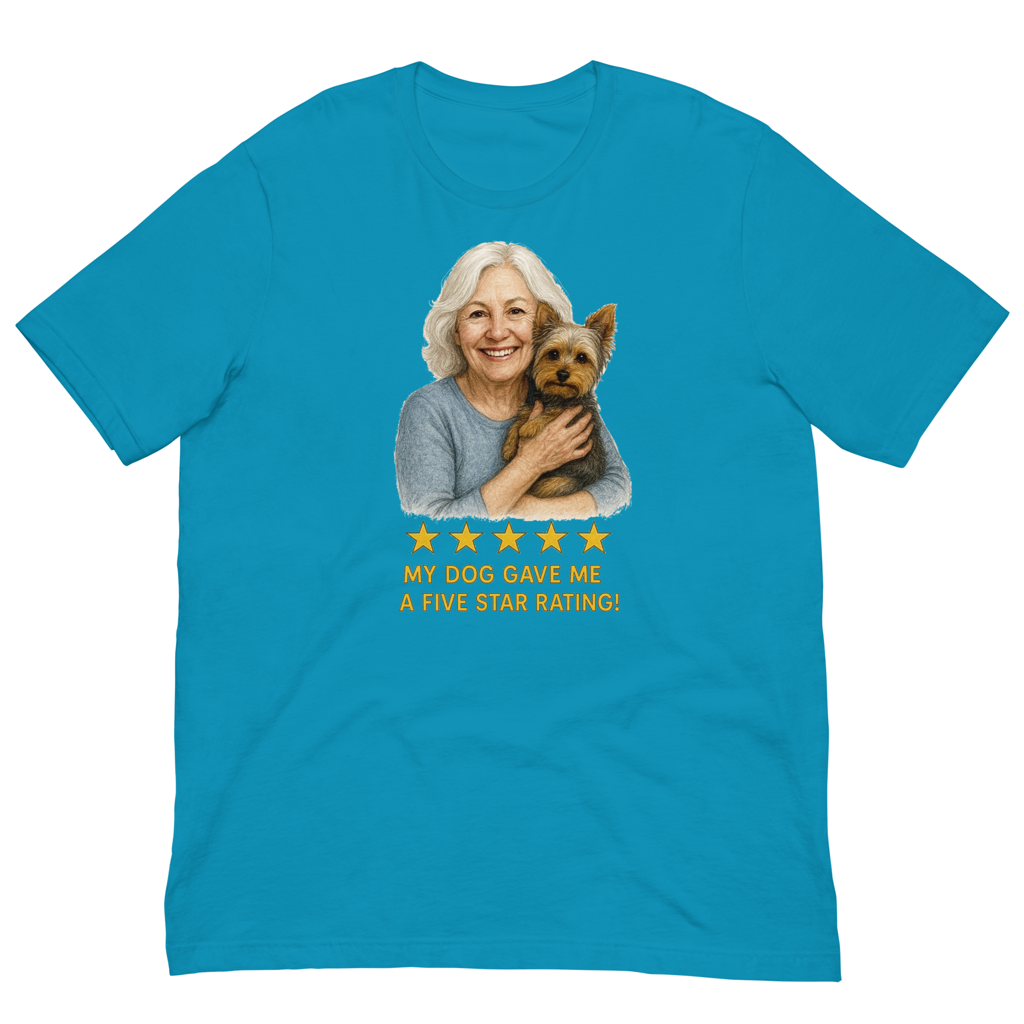 White Hair Woman with Yorkie graphic tee.