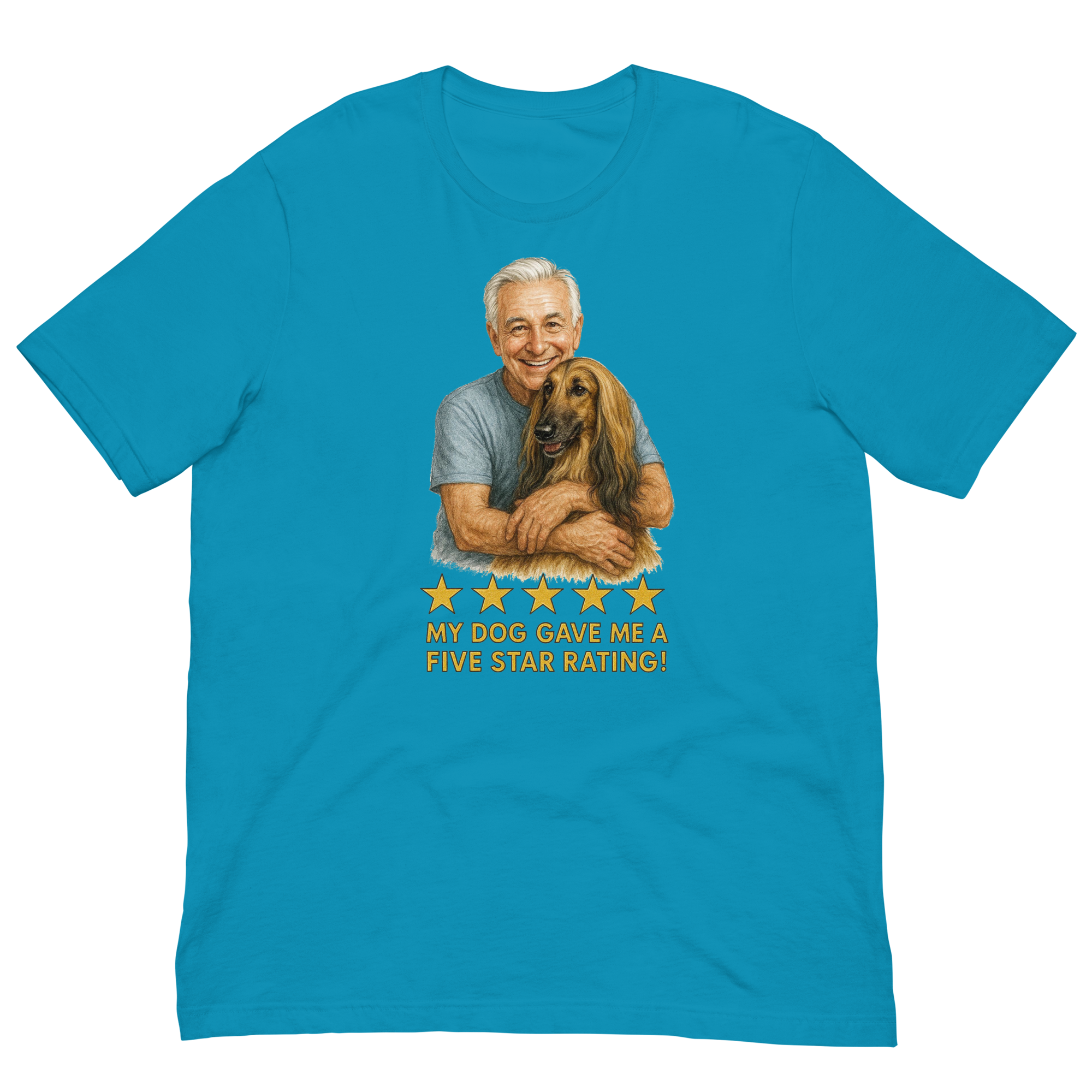 White Hair Man with Afghan Hound graphic tee.