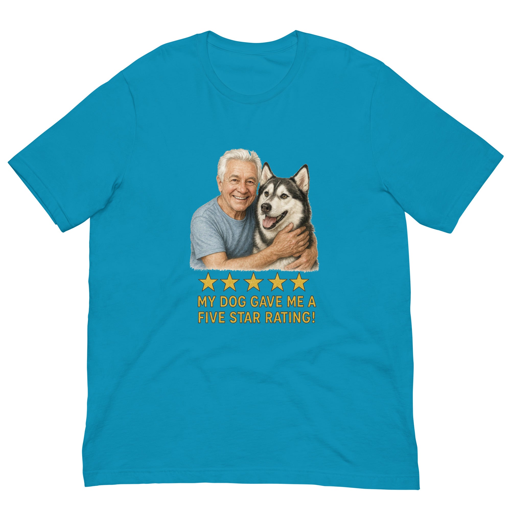 White Hair Man with Alaskan Husky graphic tee.
