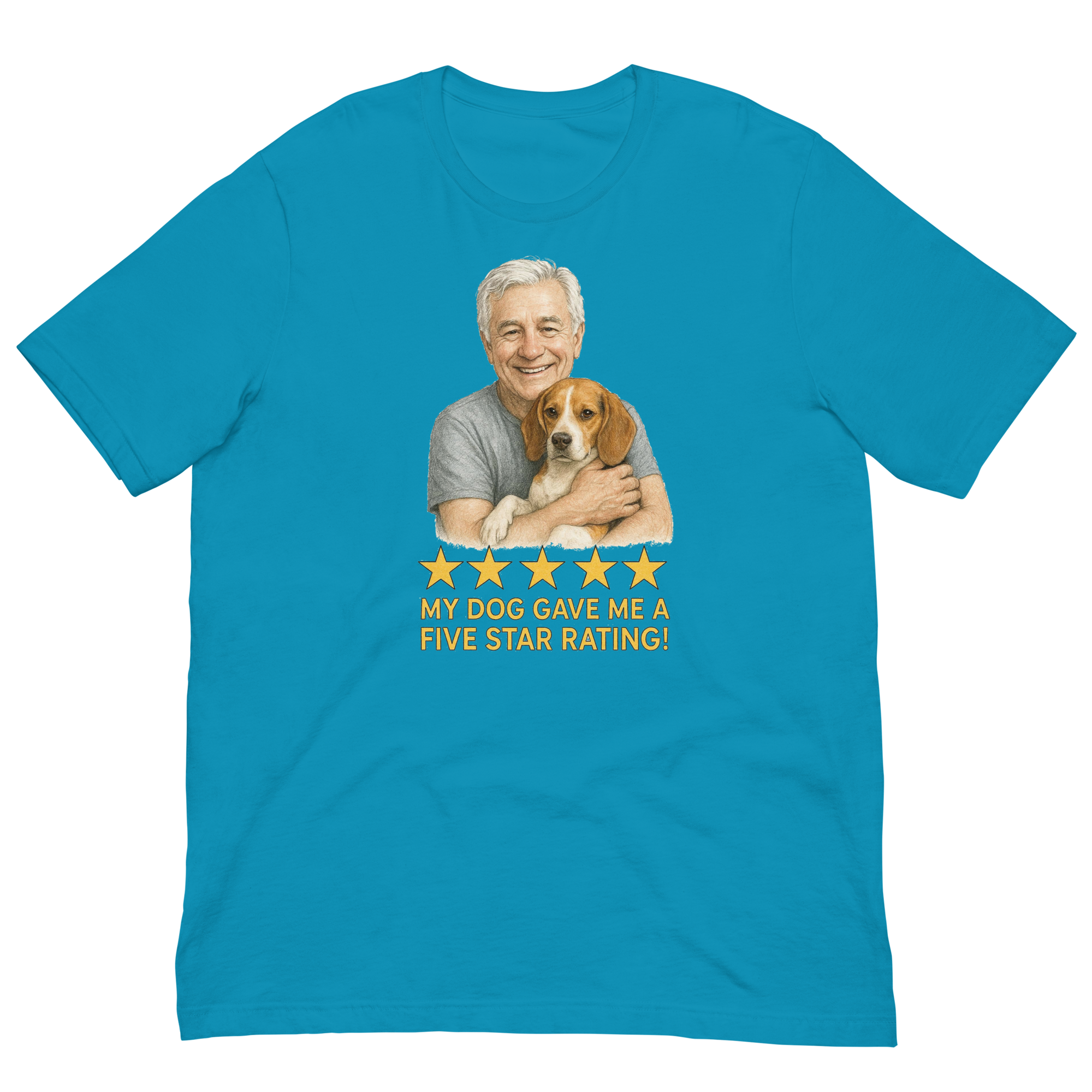White Hair Man with Beagle graphic tee.