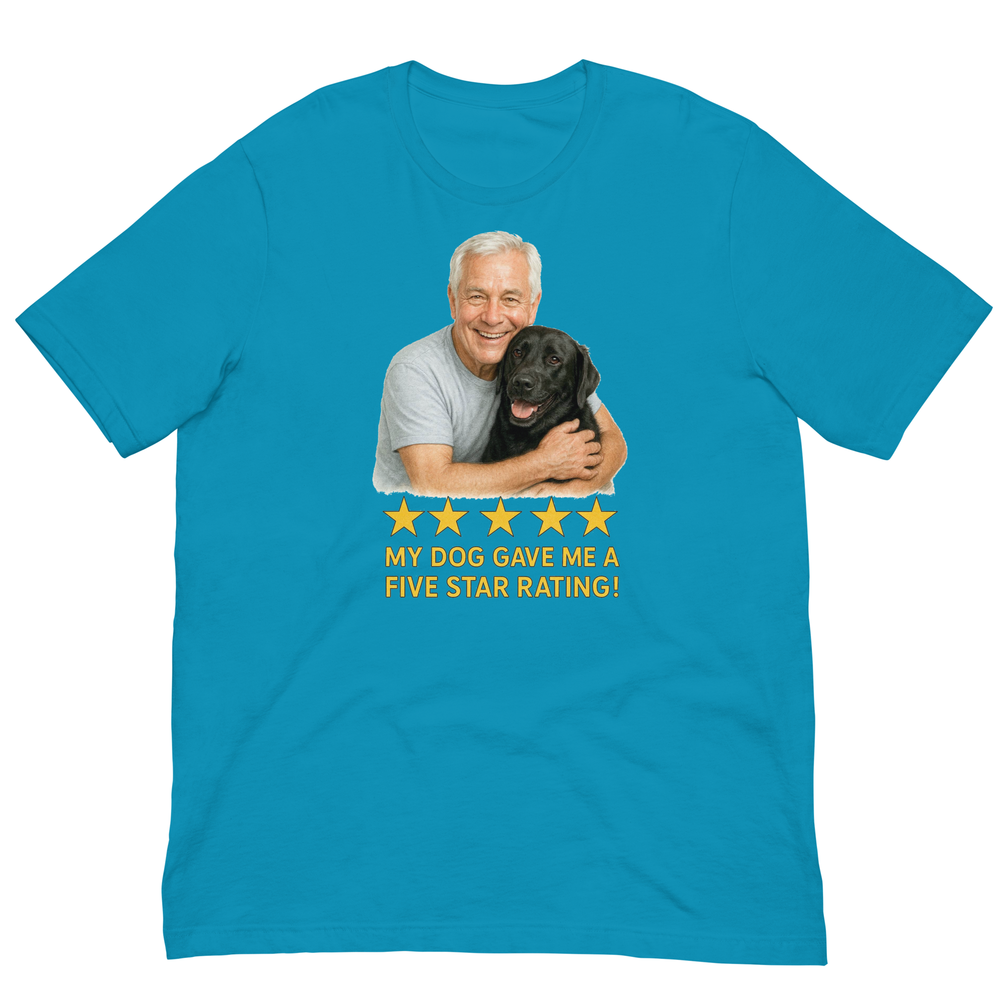 White Hair Man with Black Labrador graphic tee.