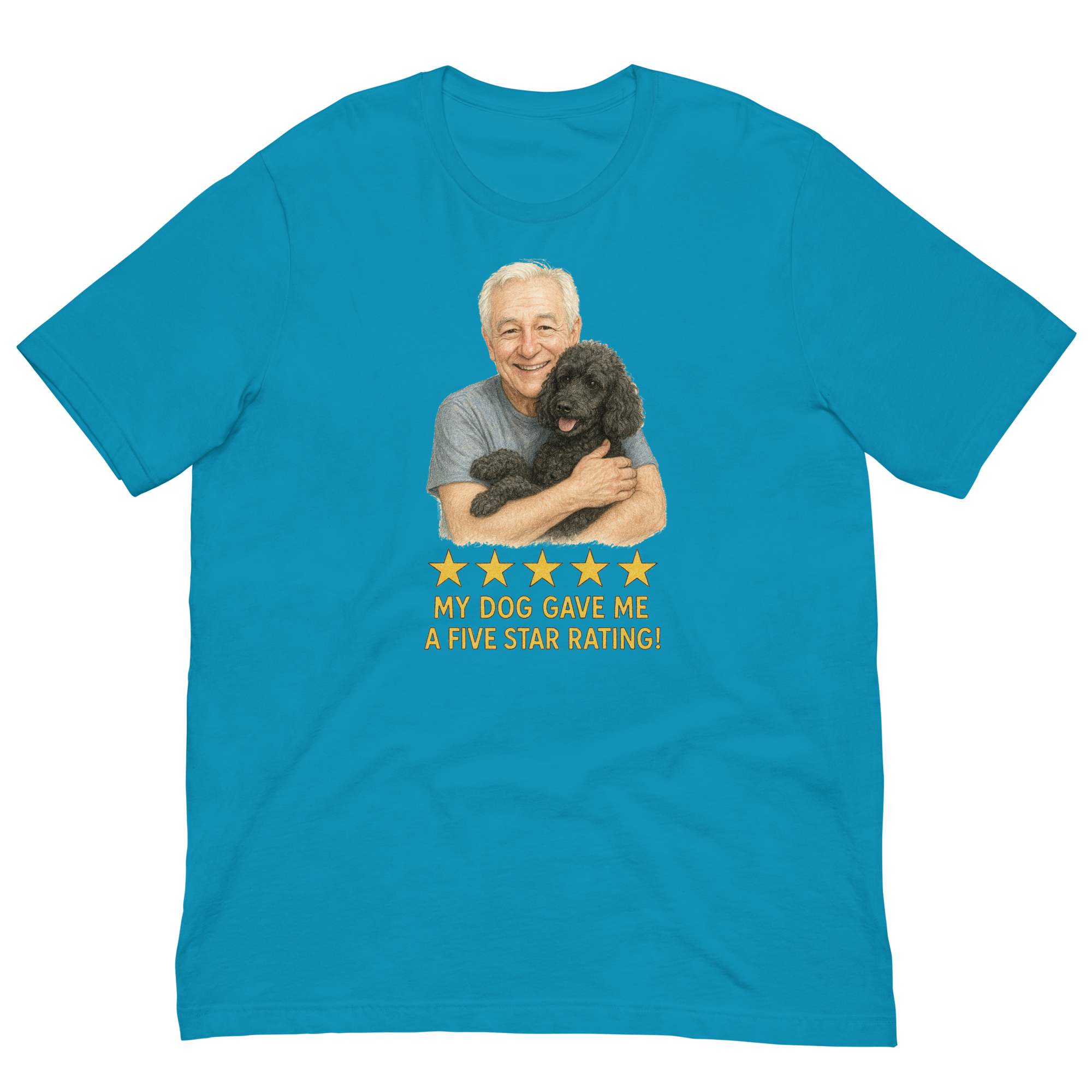 White Hair Man with Black Poodle graphic tee.