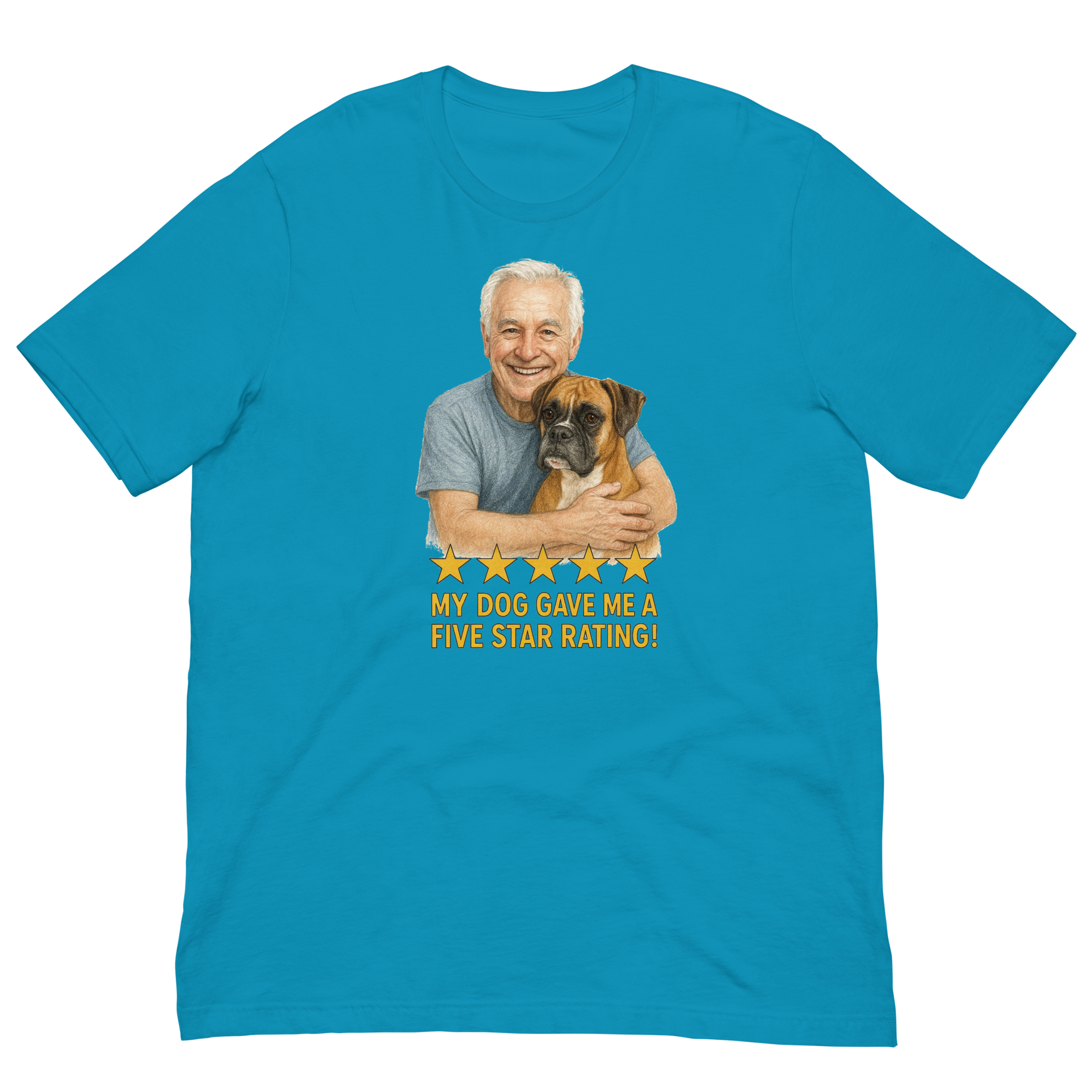 White Hair Man with Boxer graphic tee.