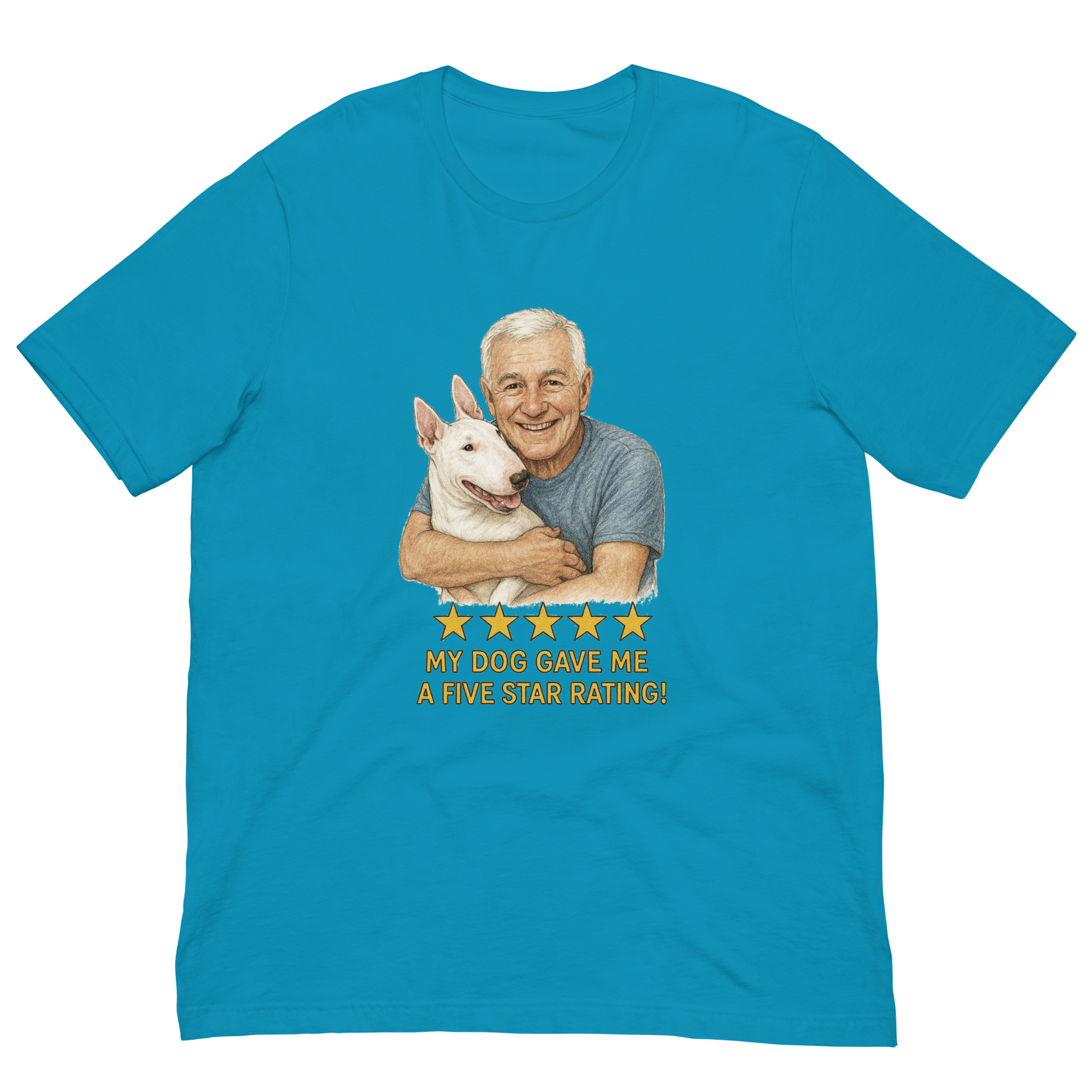 White Hair Man with Bull Terrier graphic tee.