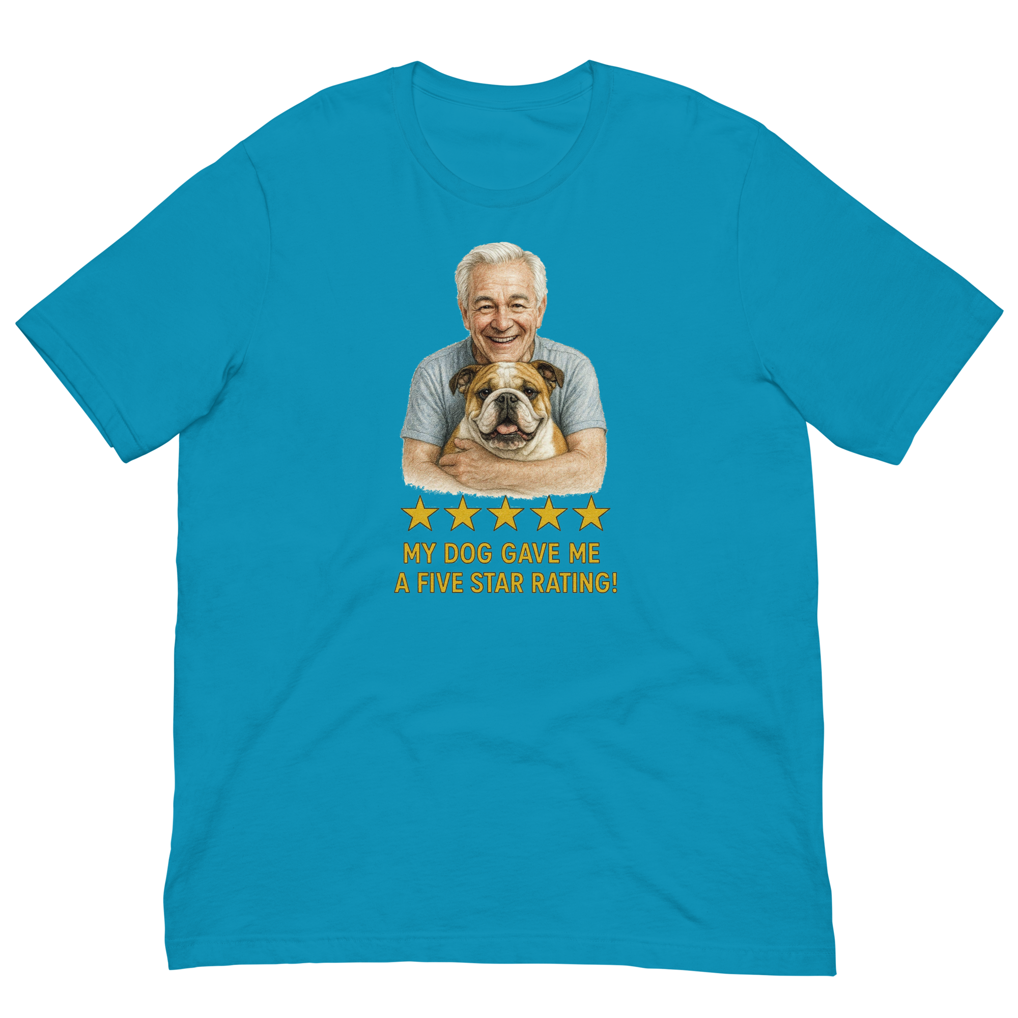 White Hair Man with Bulldog graphic tee.