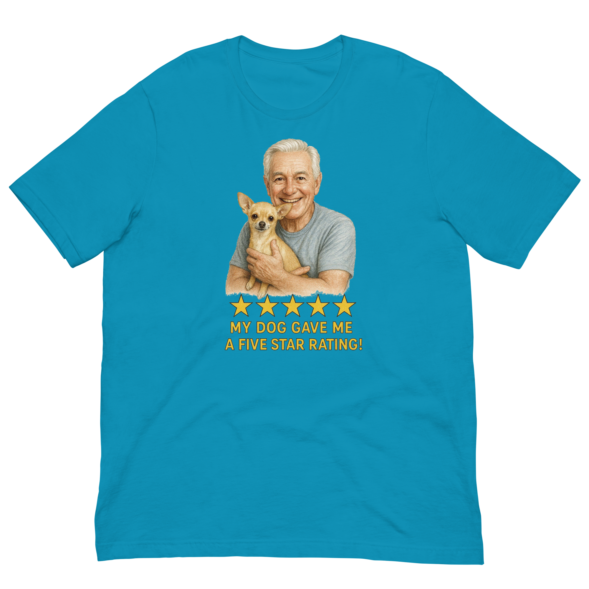 White Hair Man with Chihuahua graphic tee.