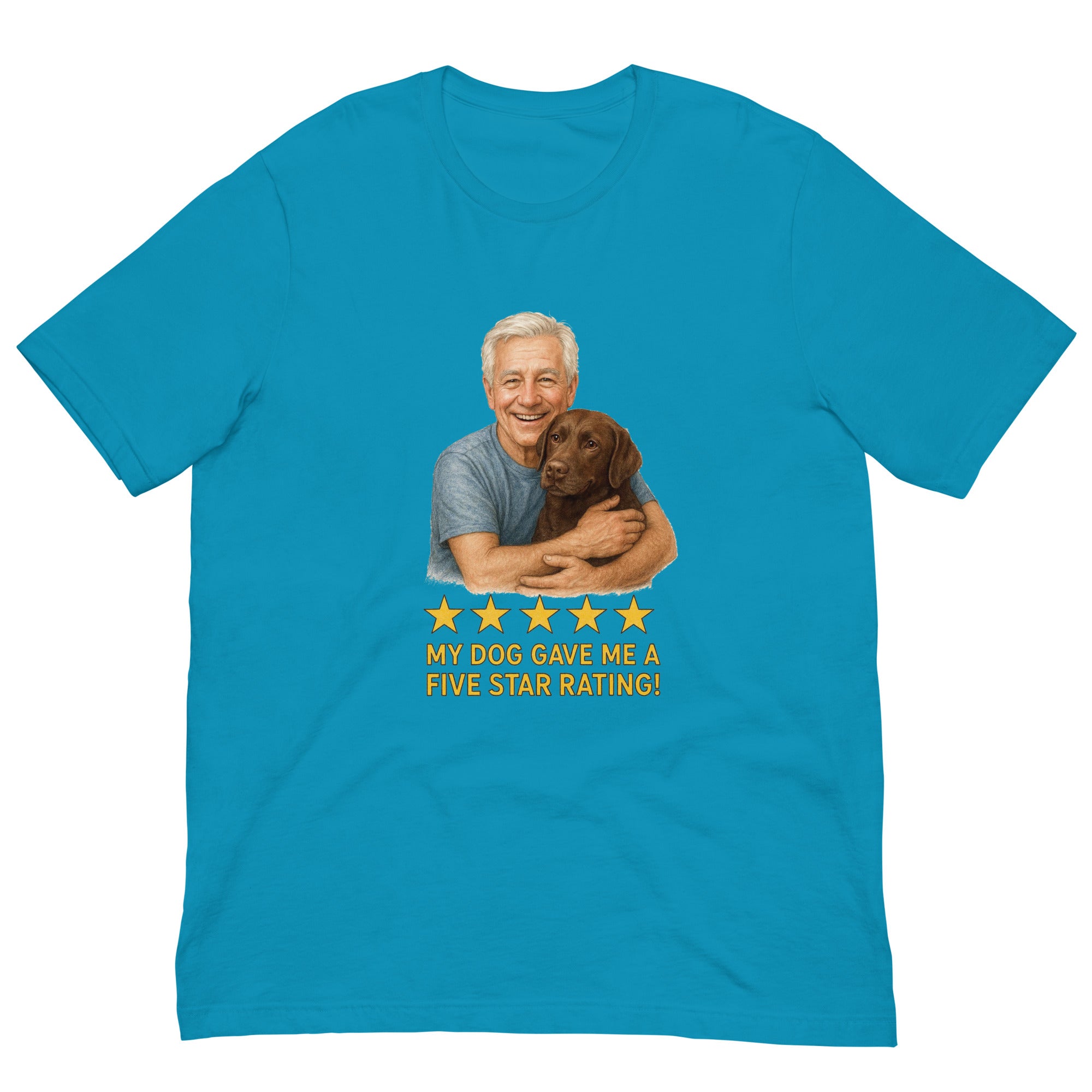 White Hair Man with Chocolate Labrador graphic tee.