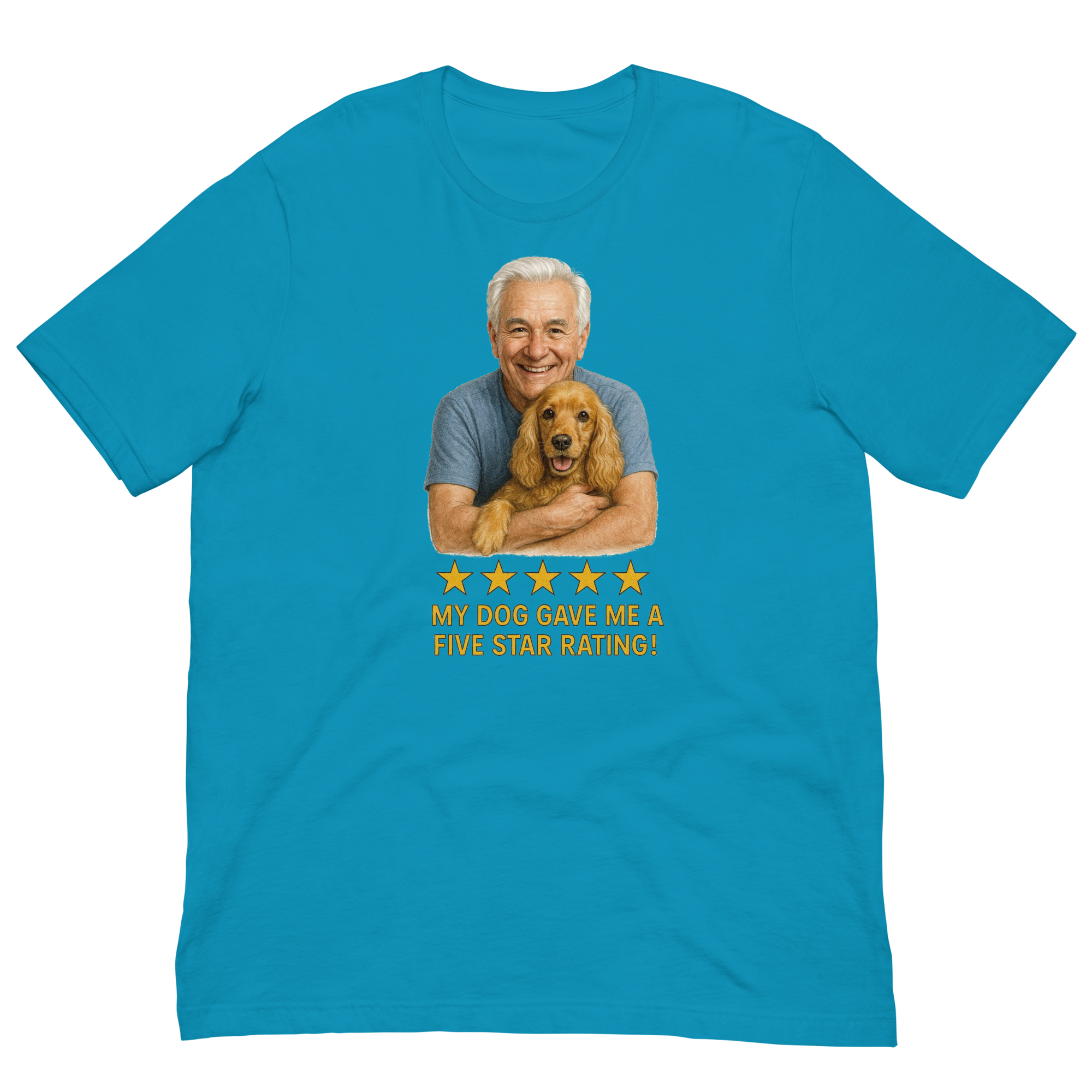 White Hair Man with Cocker Spaniel graphic tee.