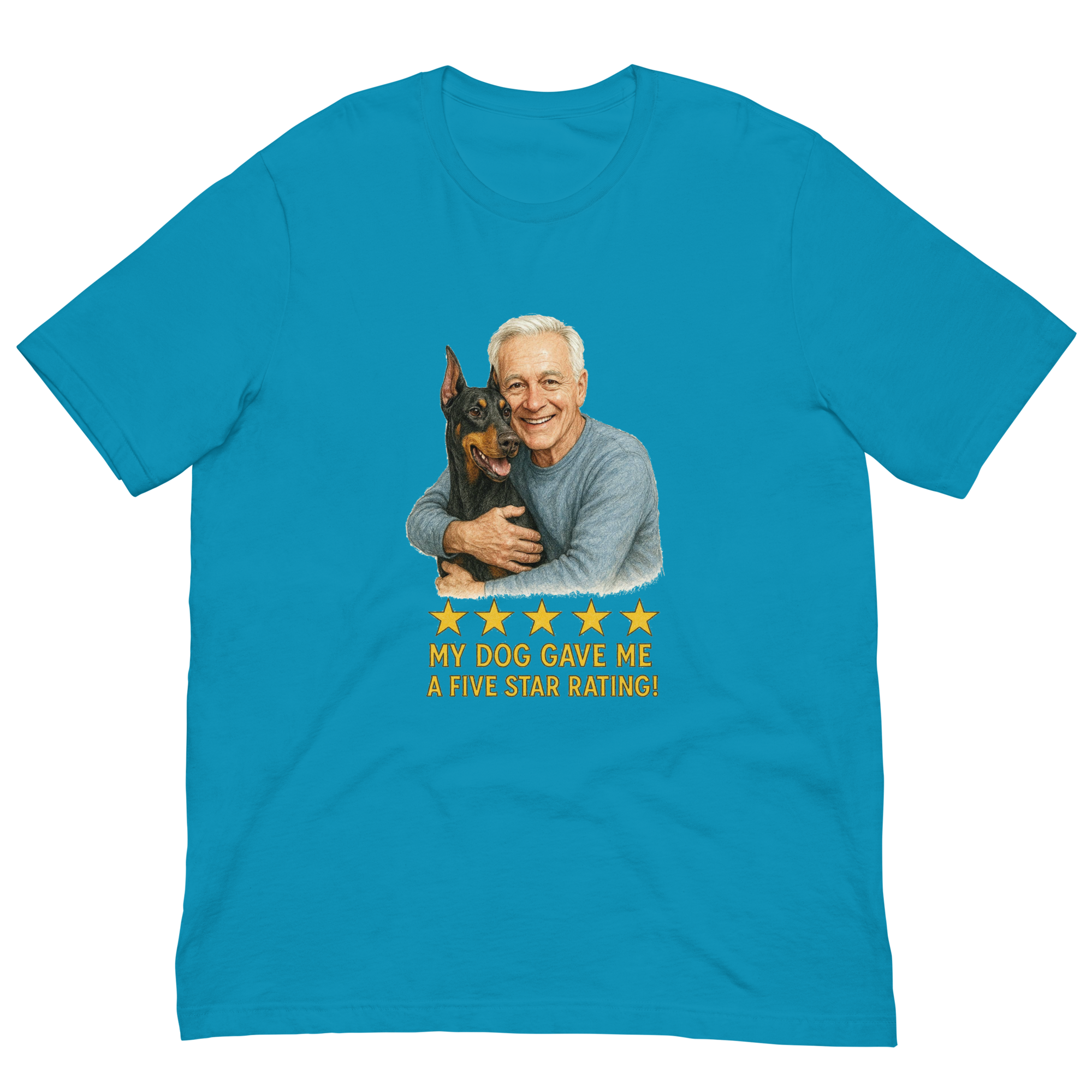 White Hair Man with Doberman Pinscher graphic tee.