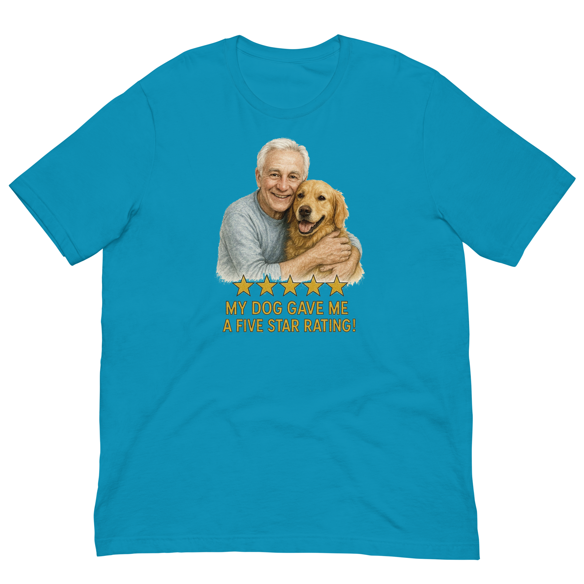 White Hair Man with Golden Retriever graphic tee.