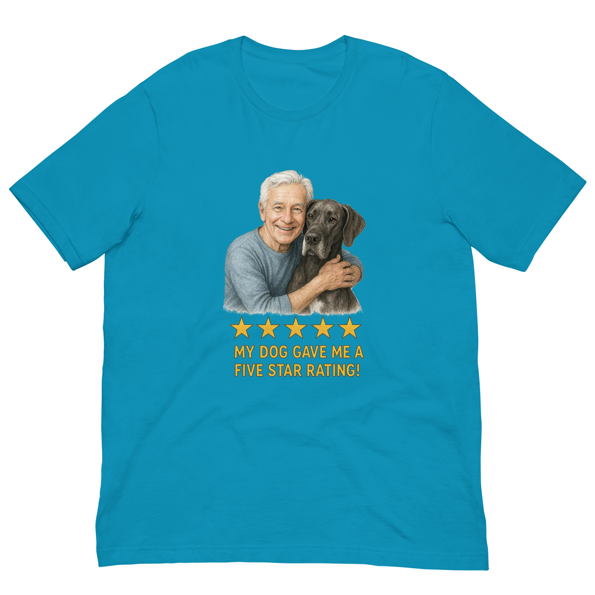 White Hair Man with Great Dane graphic tee.