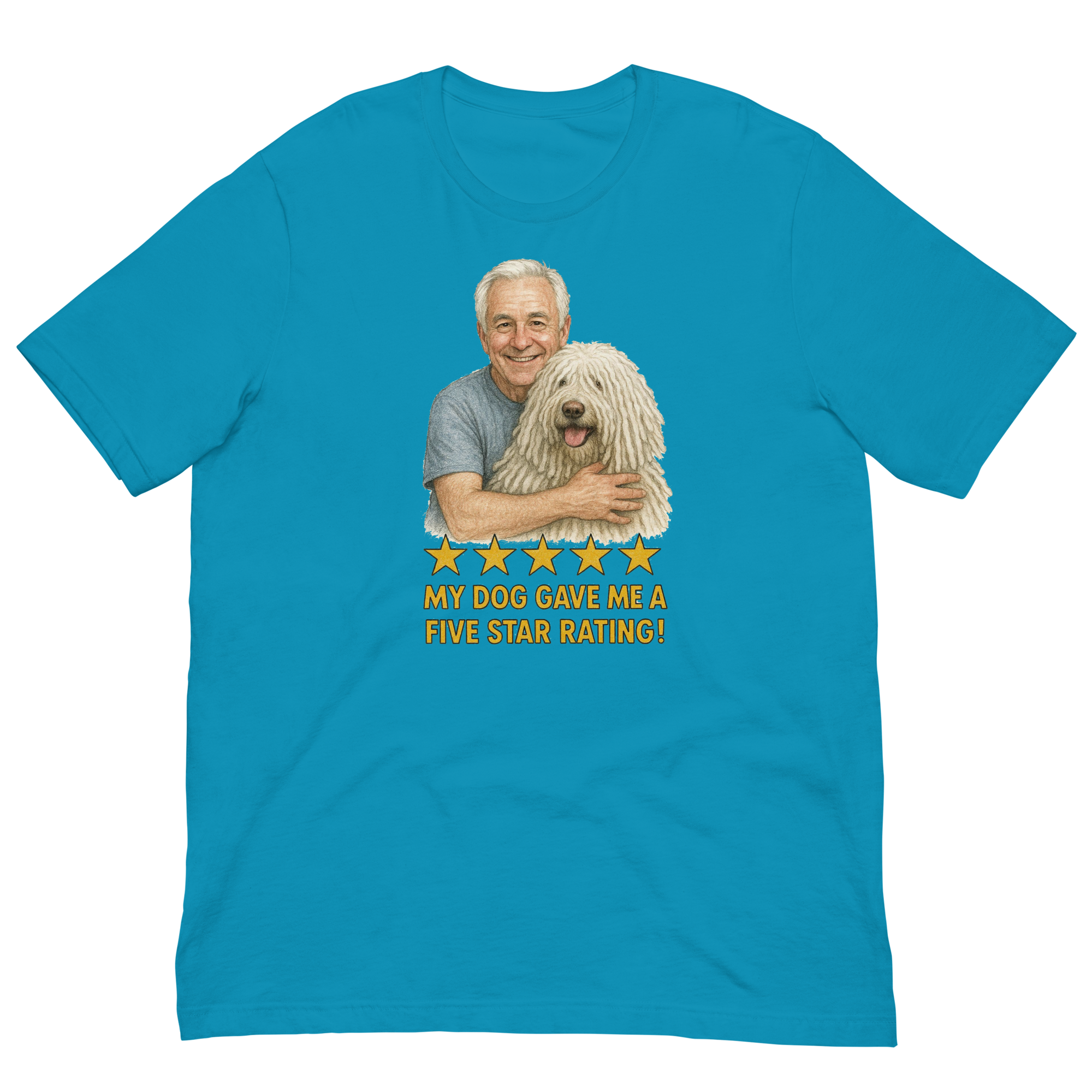 White Hair Man with Komondor graphic tee.