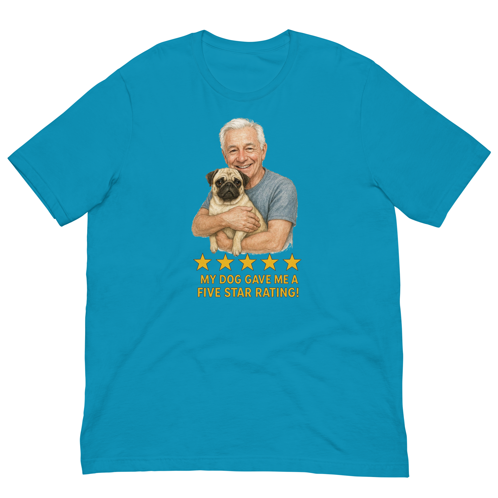 White Hair Man with Pug graphic tee.