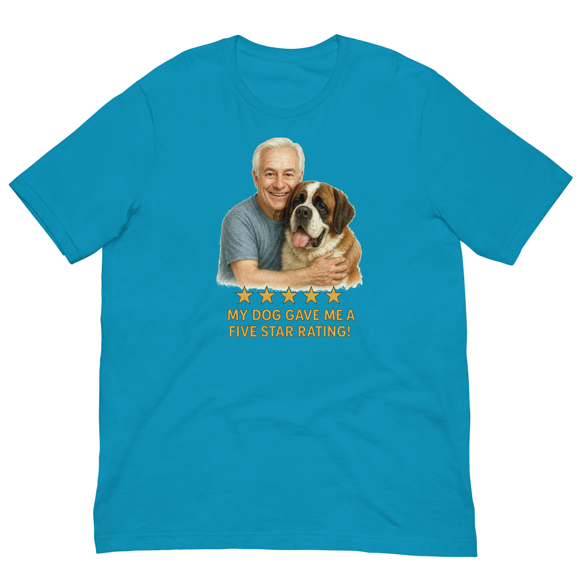 White Hair Man with Saint Bernard graphic tee.