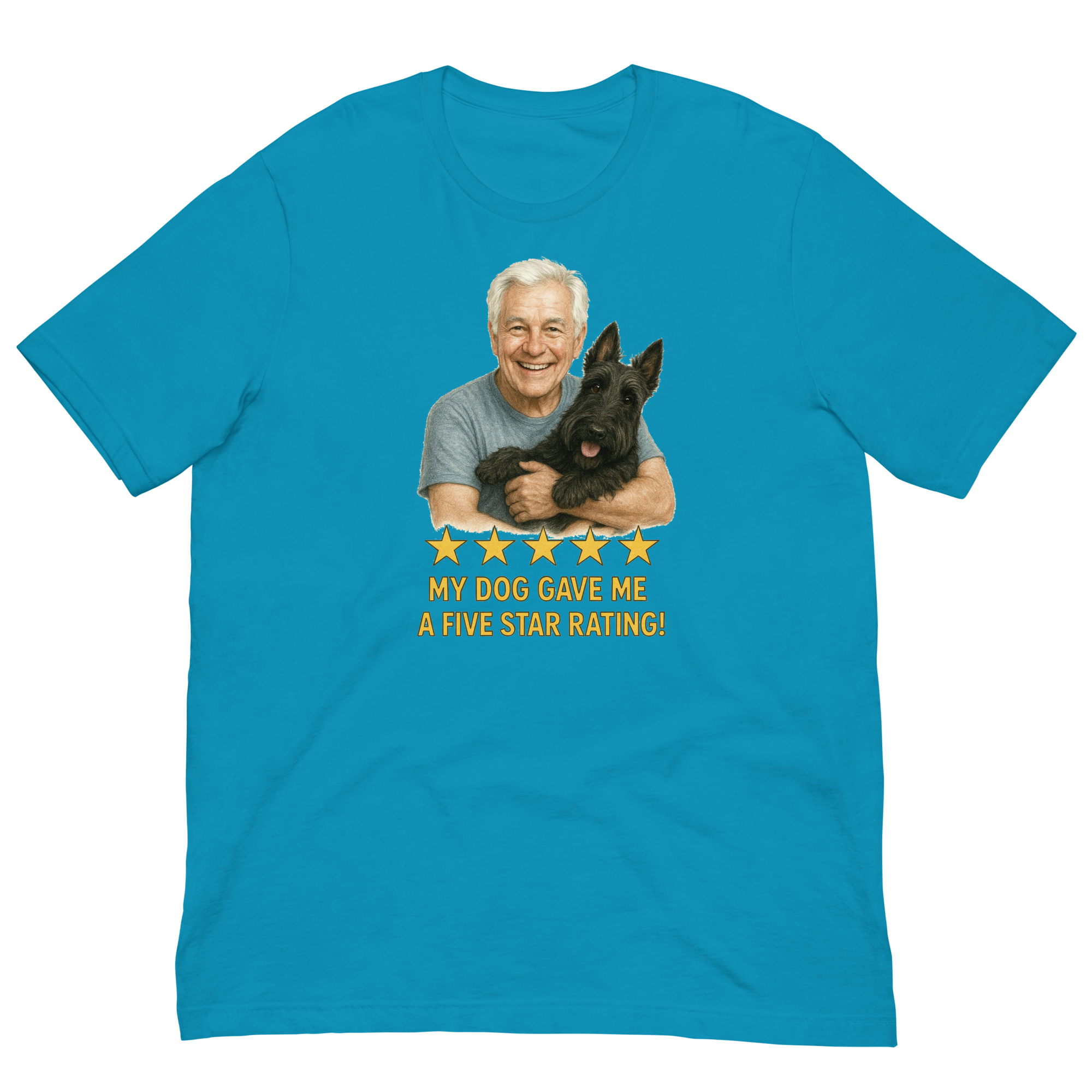White Hair Man with Scottie graphic tee.