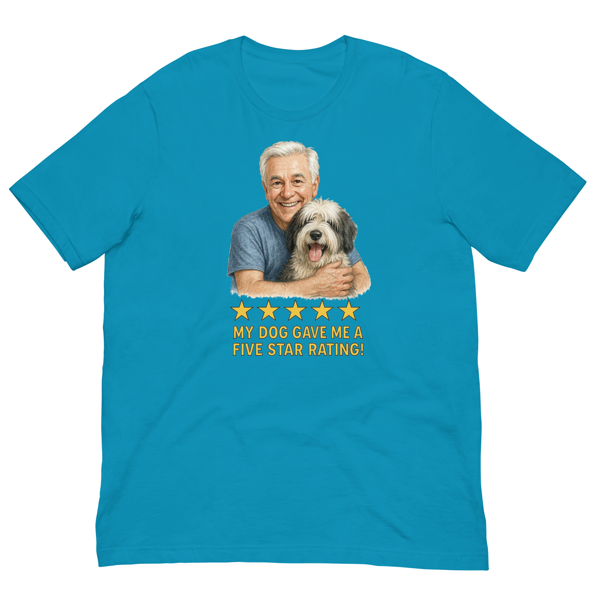White Hair Man with Sheepdog graphic tee.