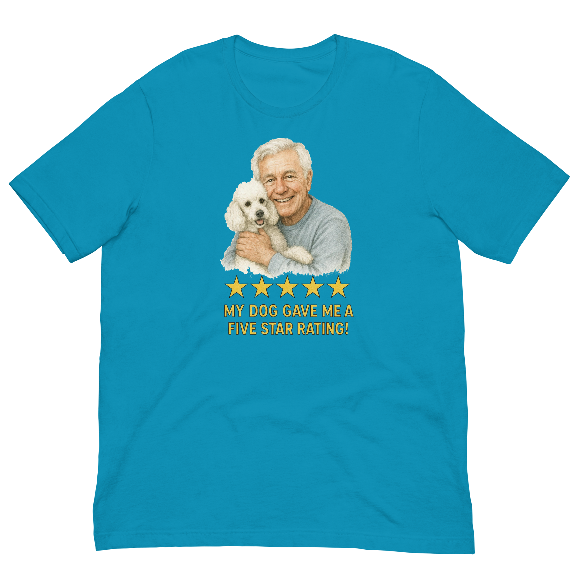 White Hair Man with White Poodle graphic tee.