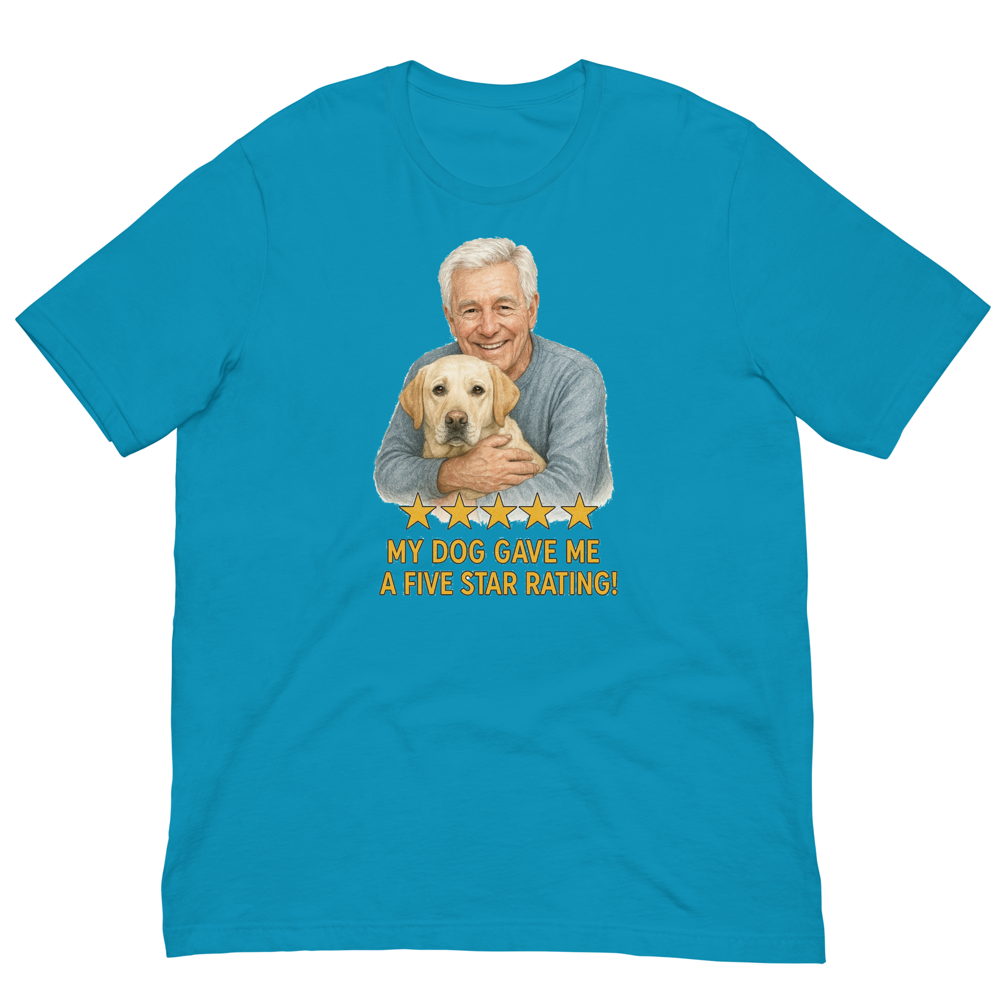 White Hair Man with Yellow Labrador graphic tee.