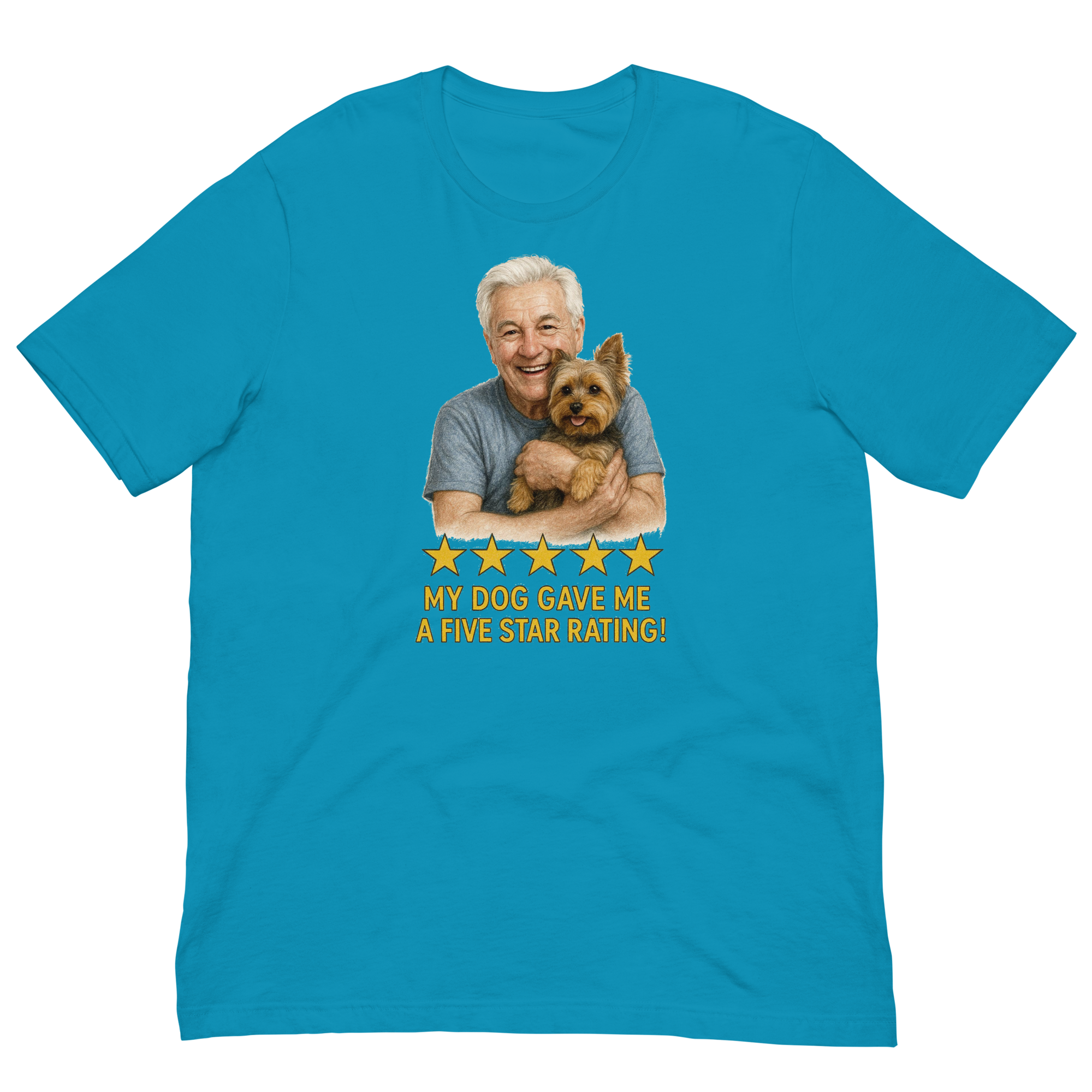 White Hair Man with Yorkie graphic tee.