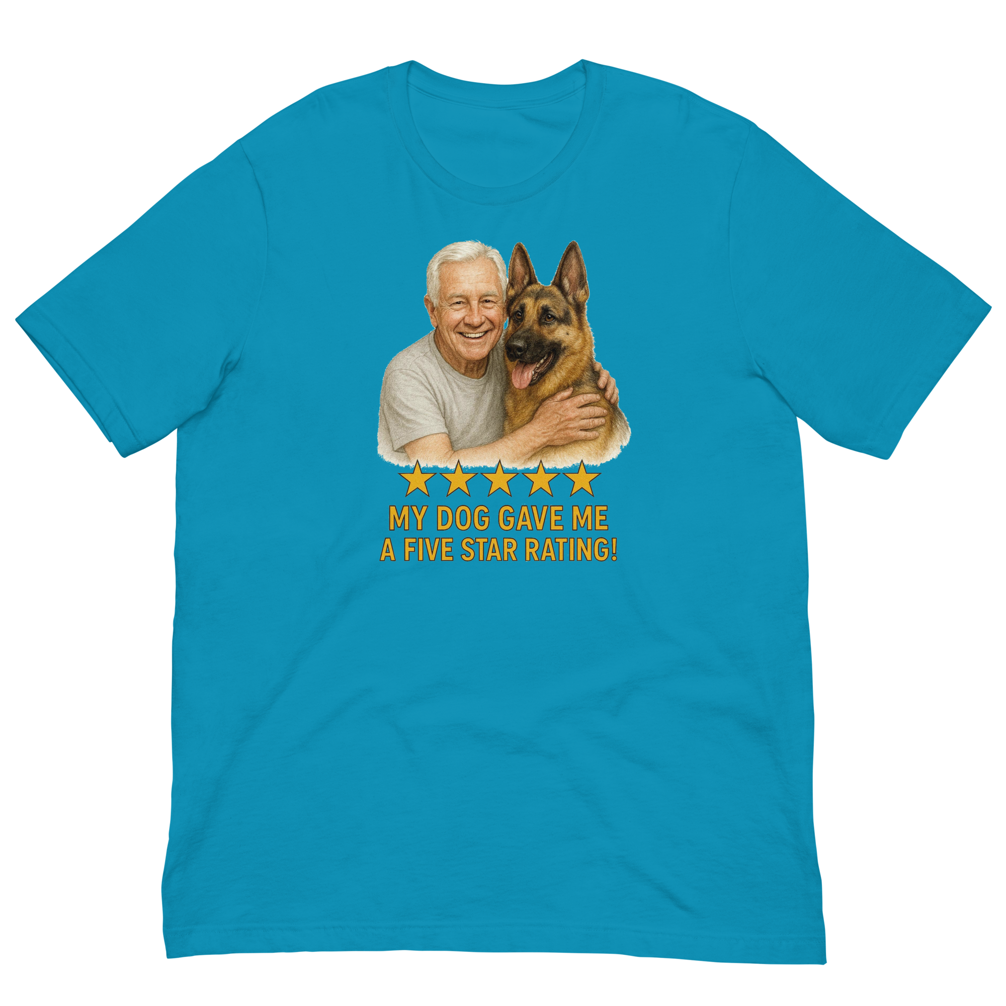 White Hair Man with German Shepherd graphic tee.