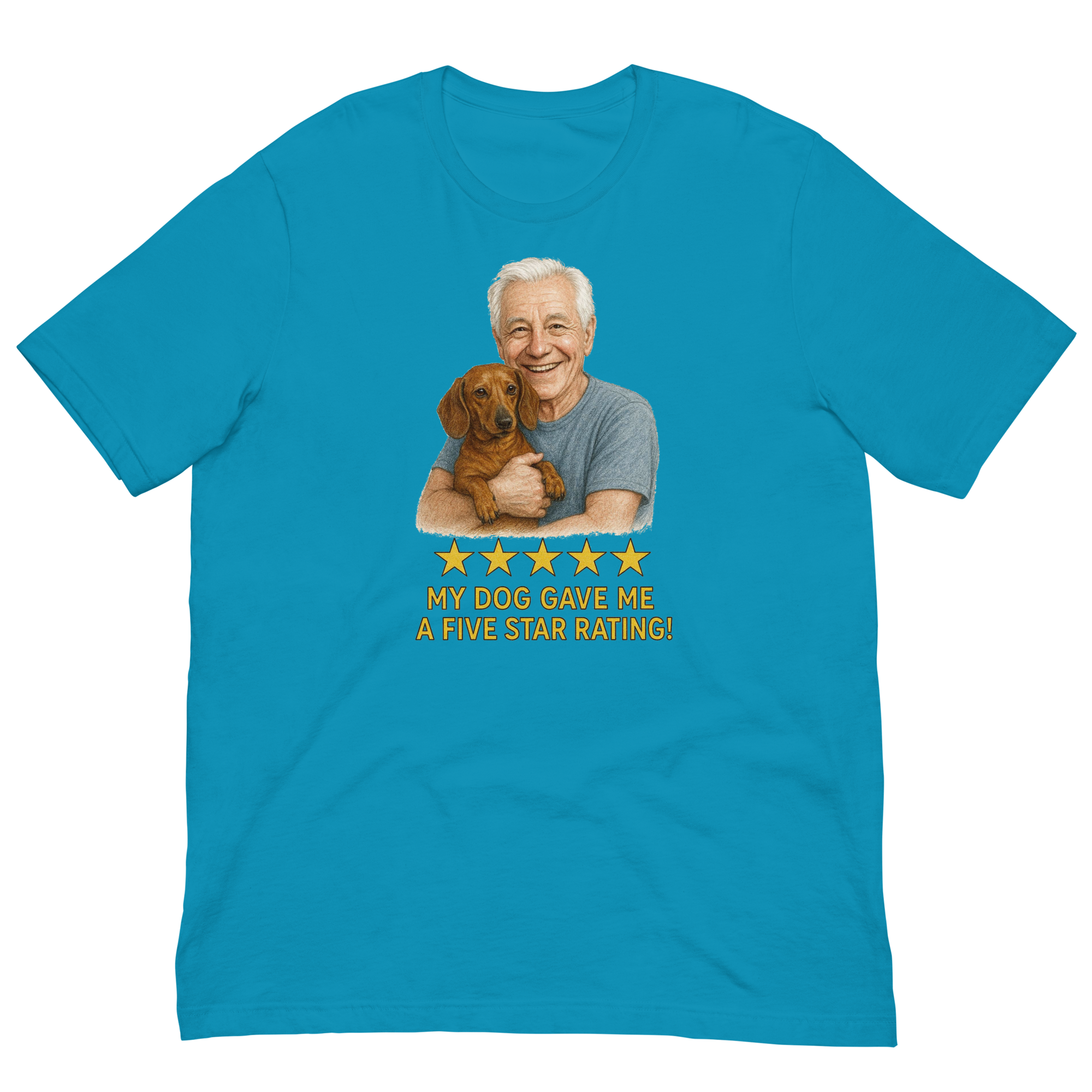 White Hair Man with Dachshund graphic tee.