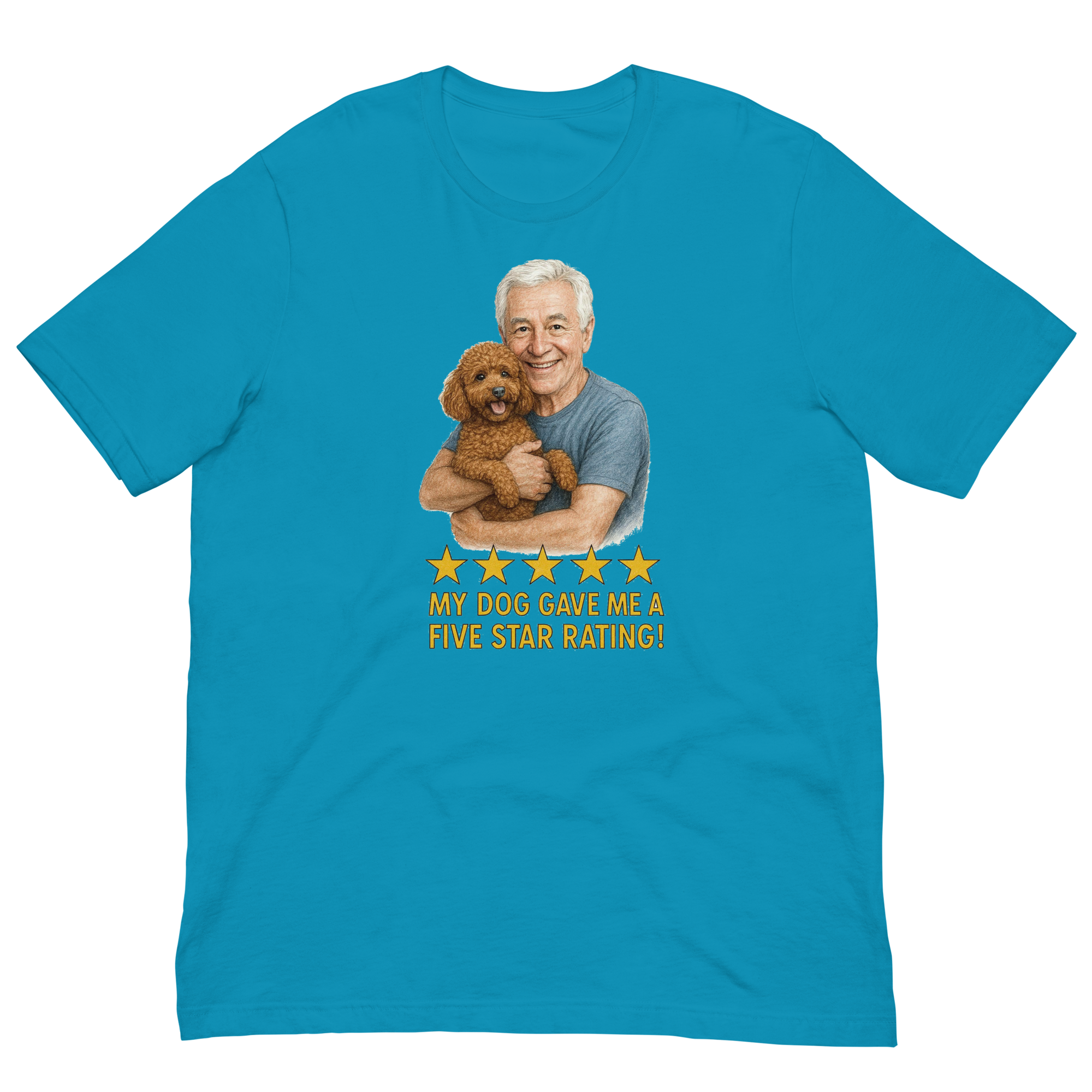 White Hair Man with Brown Poodle graphic tee.
