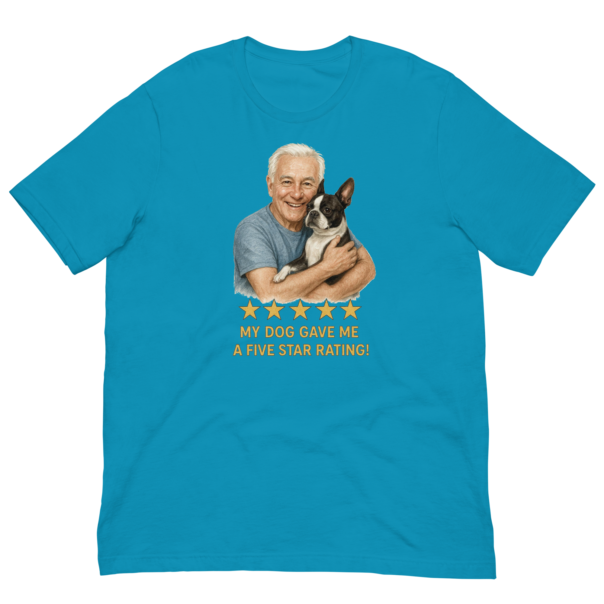 White Hair Man with Boston Terrier graphic tee.