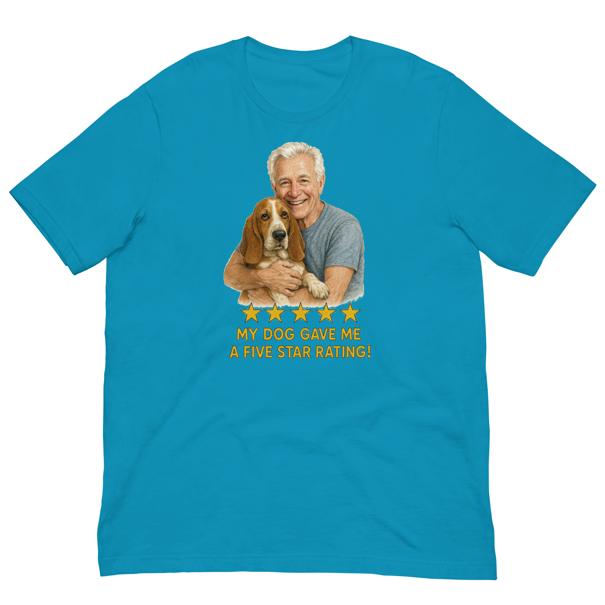 White Hair Man with Basset Hound graphic tee.