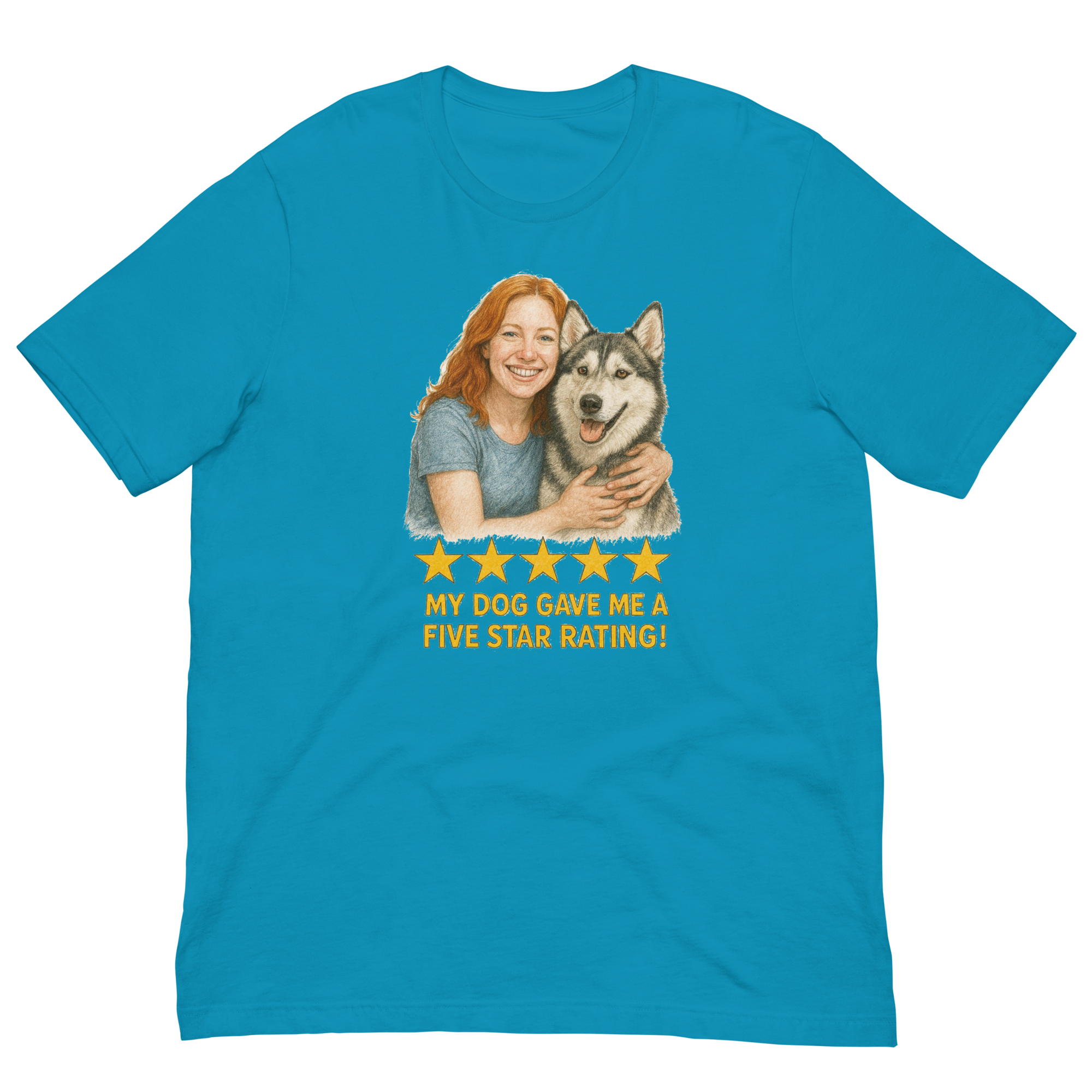 Red Hair Woman with Alaskan Husky graphic tee.