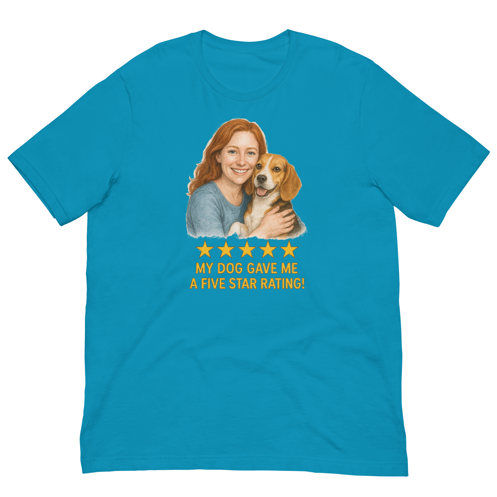 Red Hair Woman with Beagle graphic tee.