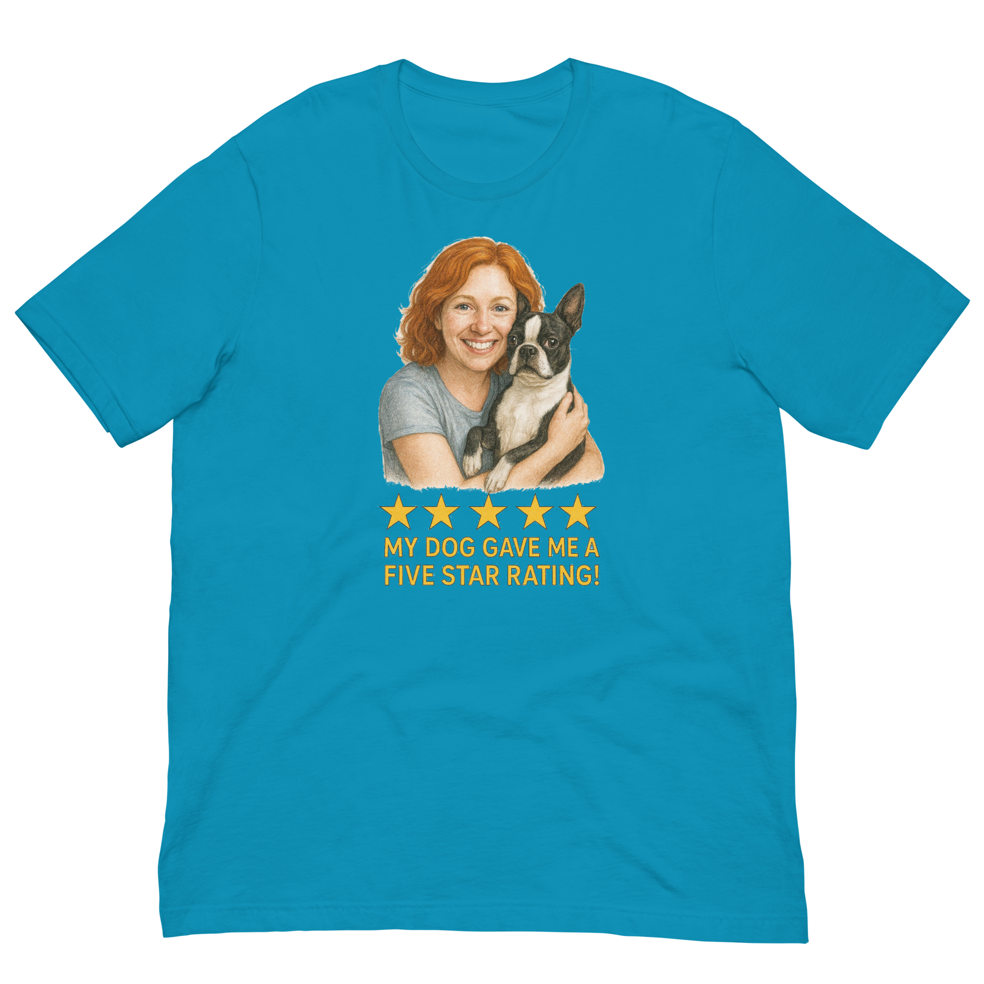 Red Hair Woman with Boston Terrier graphic tee.