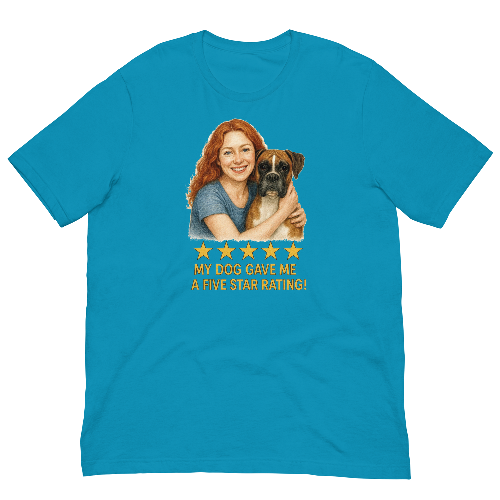 Red Hair Woman with Boxer graphic tee.