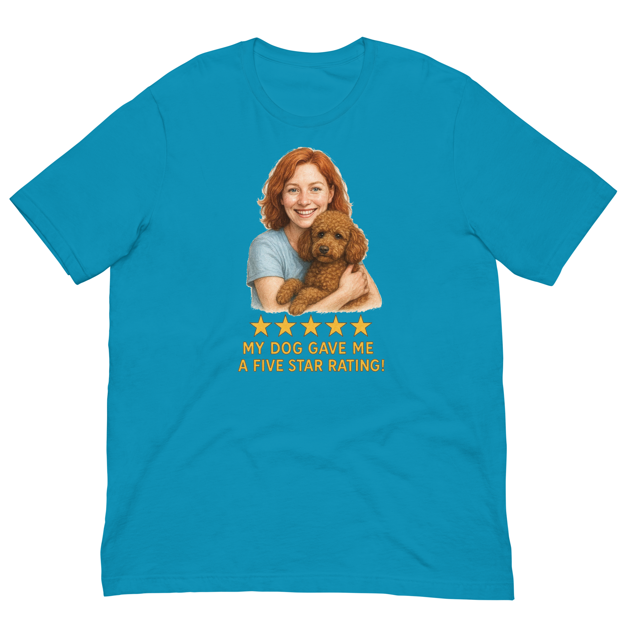 Red Hair Woman with Brown Poodle graphic tee.