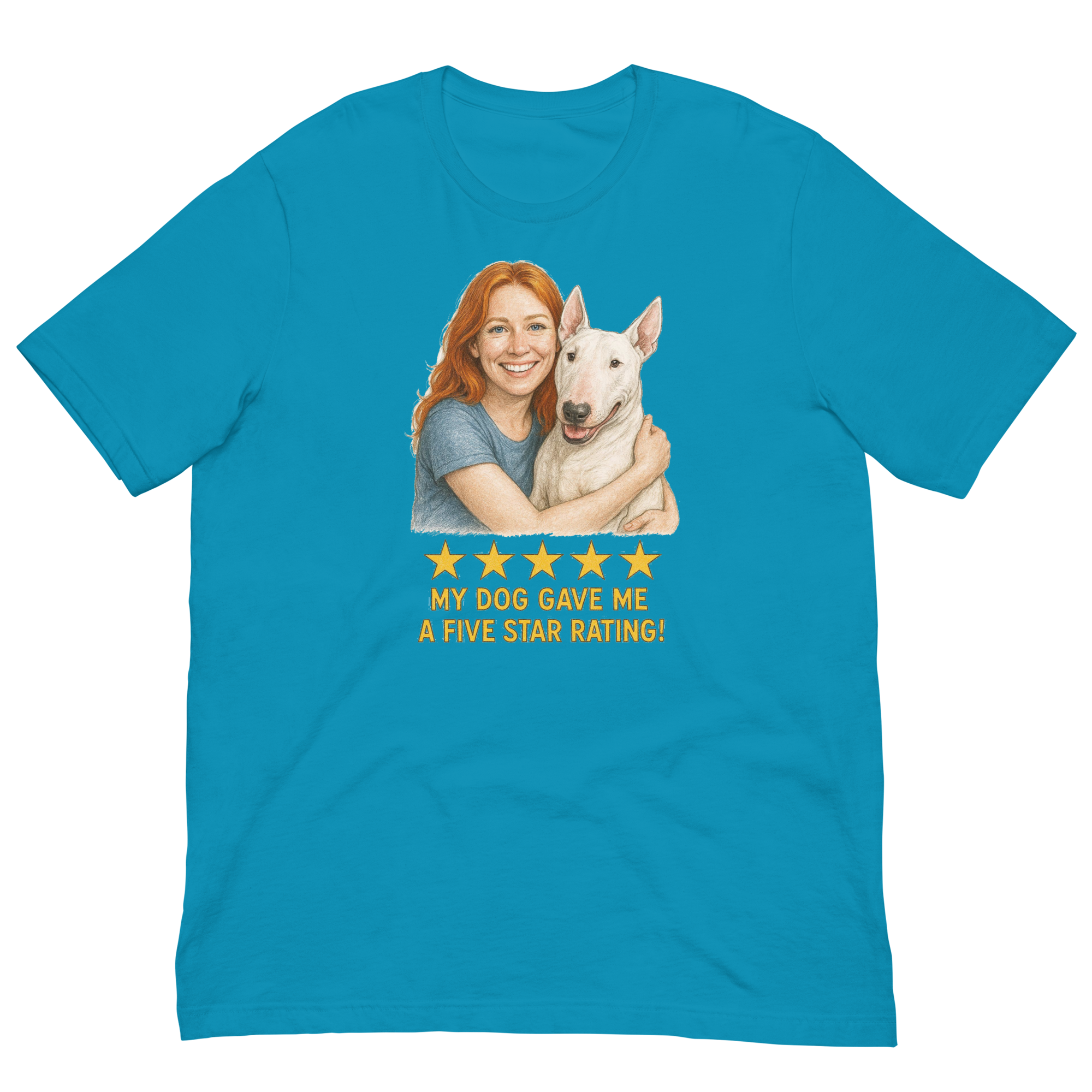 Red Hair Woman with Bull Terrier graphic tee.