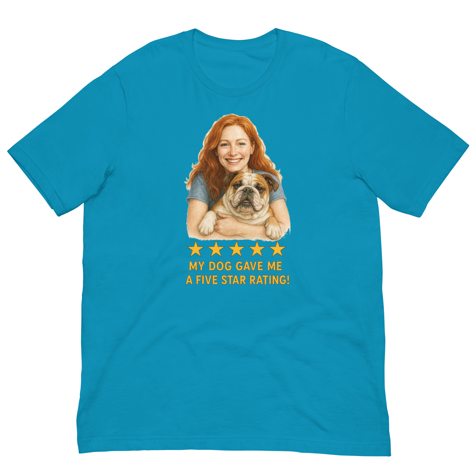 Red Hair Woman with Bulldog graphic tee.