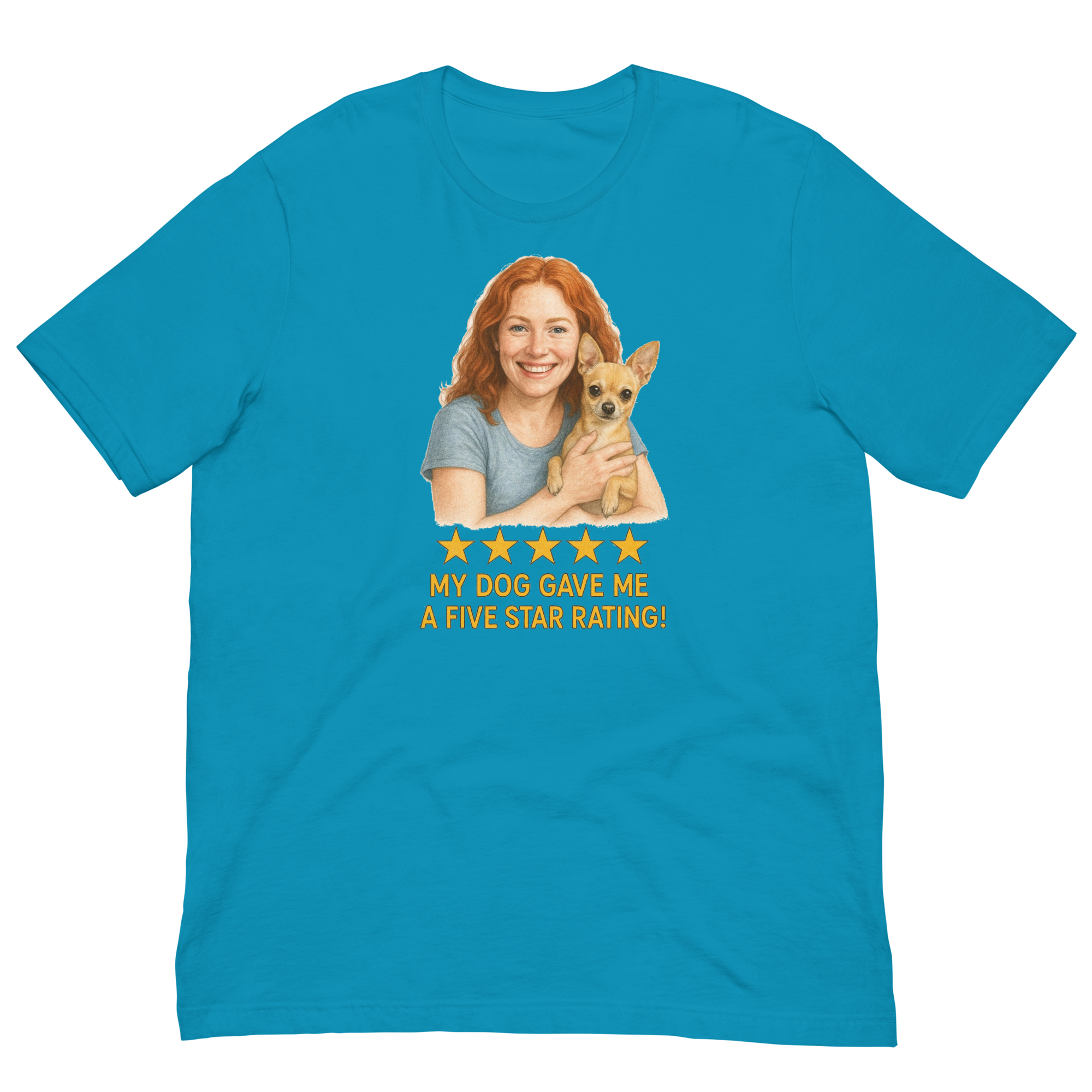 Red Hair Woman with Chihuahua graphic tee.