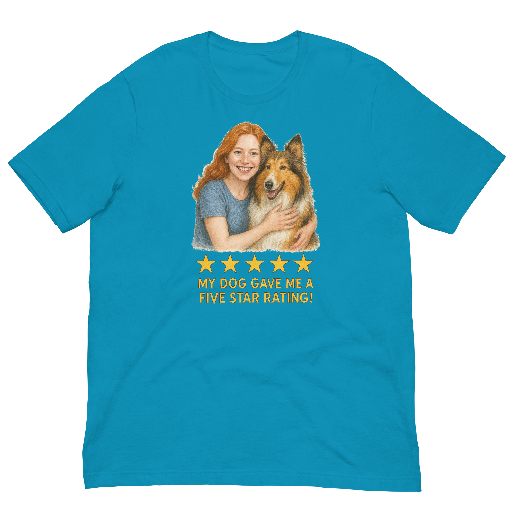 Red Hair Woman with Collie graphic tee.