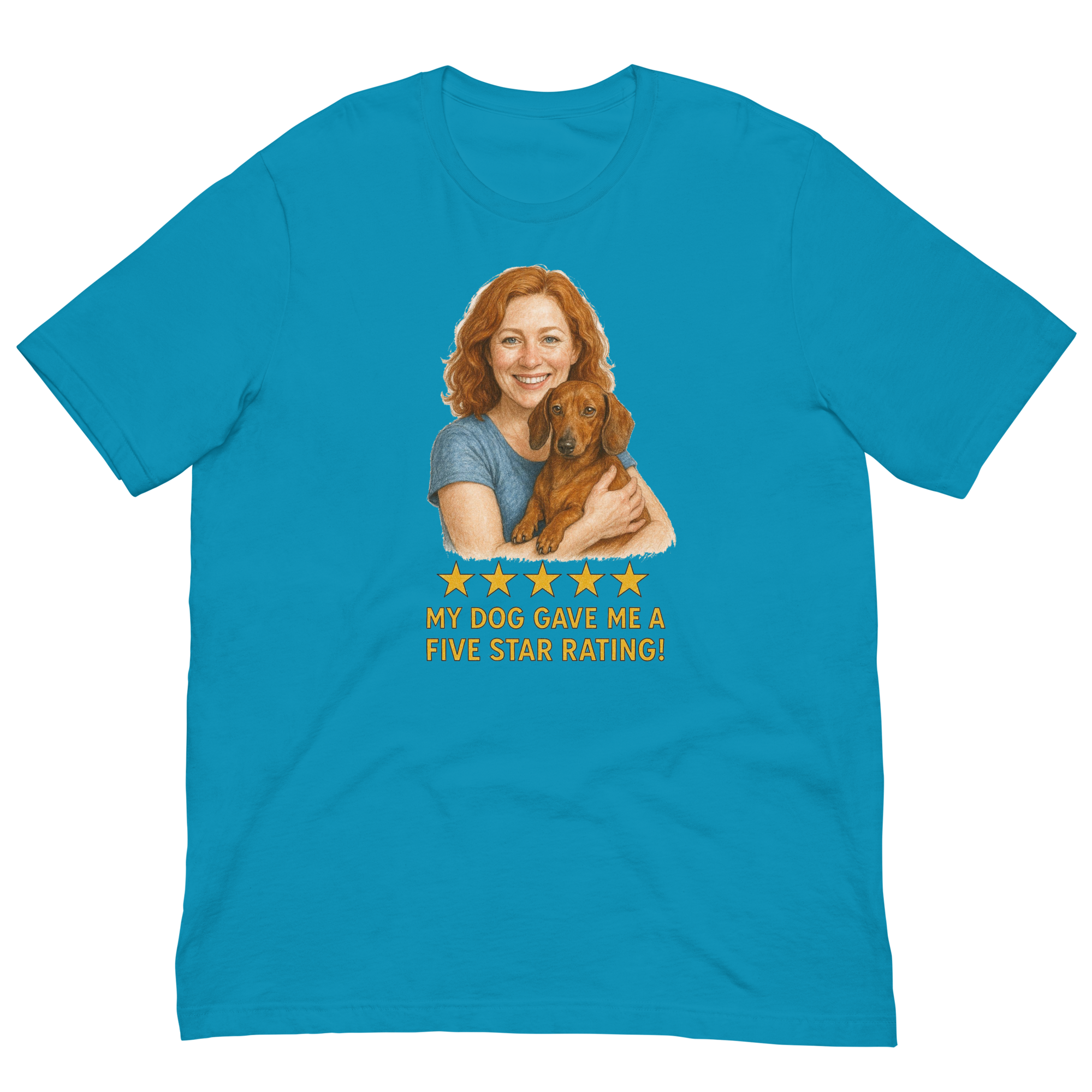 Red Hair Woman with Dachshund graphic tee.