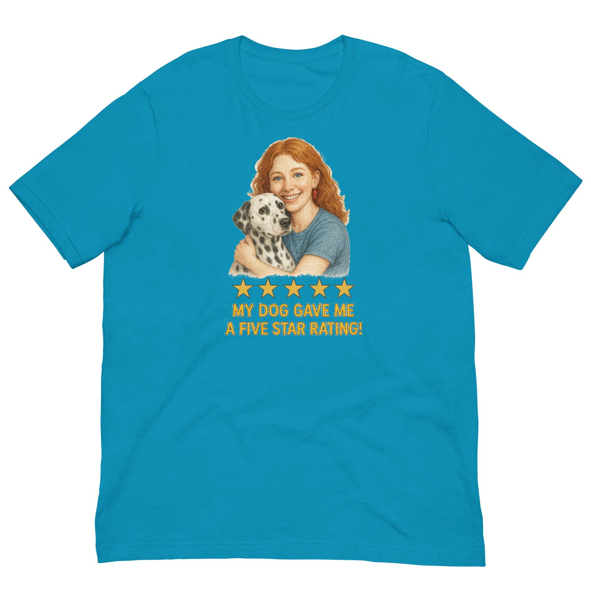 Red Hair Woman with Dalmatian graphic tee.